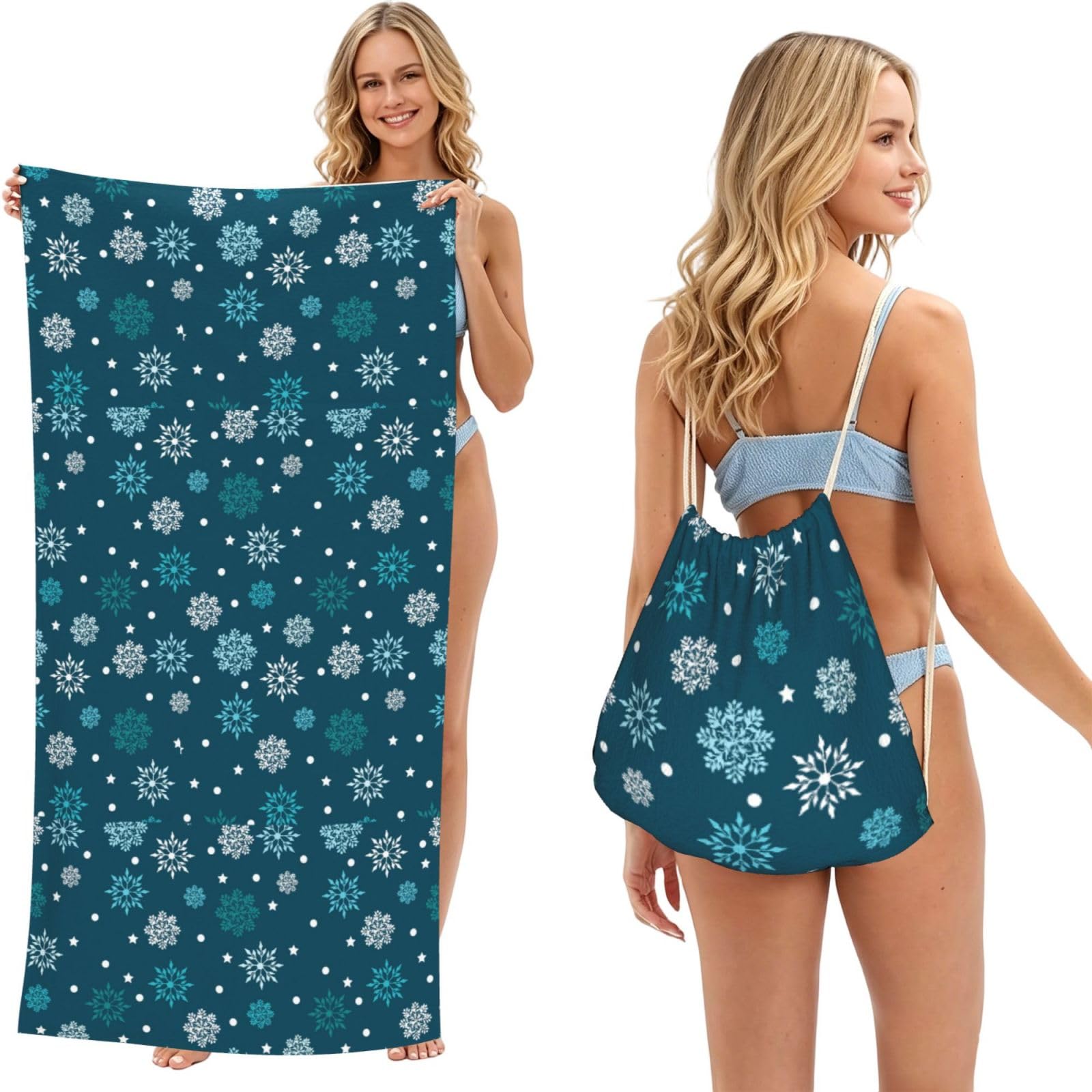 Poadnly As Picture Snowflakes Blue, 2 In 1 Packable Towel Bag, Beach Towels With Drawstring Backpack For Travel Holiday Camping