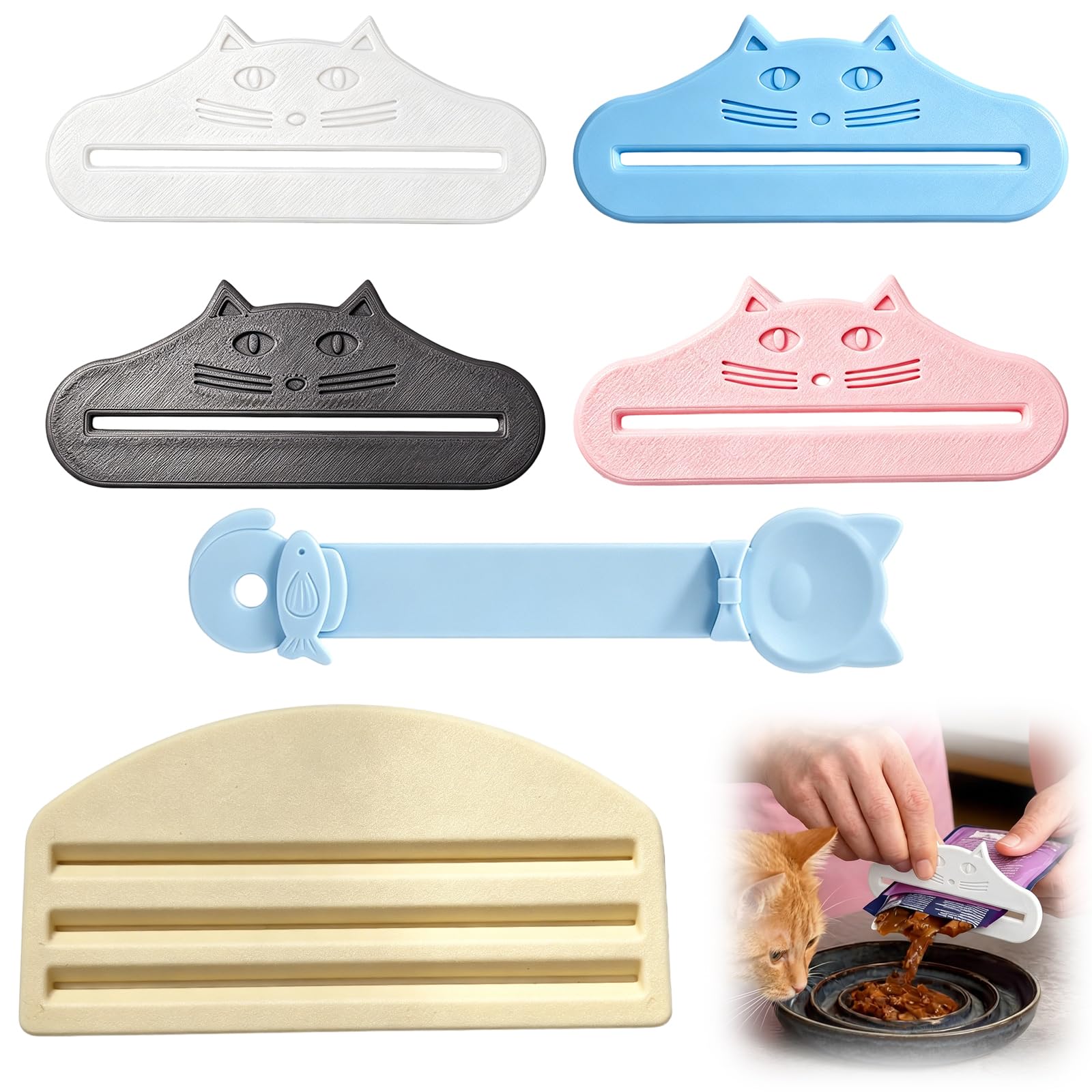 QhgPnt Cat Food Pouch Squeezer, 3D Printing Cat Treat Dispenser, Snack Scraper Pet Food Feeding Tool For Cats Dogs, Cat Treat Spoon, Six Piece Set for Daily Feeding and Travel Use