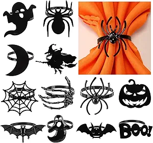 WILLBOND 12 Pcs Halloween Napkin Rings Metal Spooky Rings Holders Black Napkin Buckle for Halloween Holiday Birthday Party Wedding Home Banquet Dinner Table Favors Supplies Bar Dinning Costume Decor