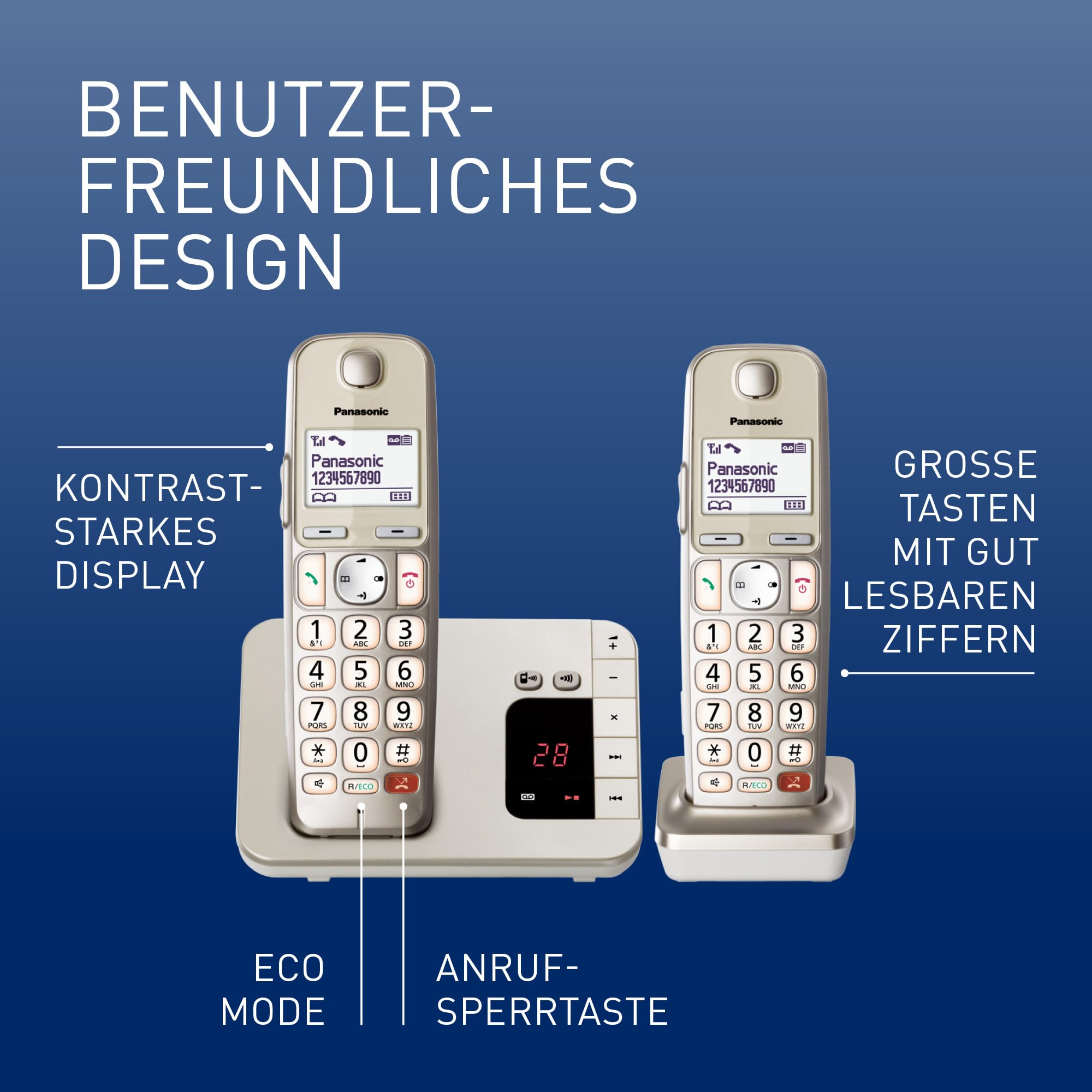 Panasonic KX-TGE262GN Schnurlostelefon mit Anrufbeantworter, bis zu 1.000 Nummern sperren, Voll-Duplex Freisprechen