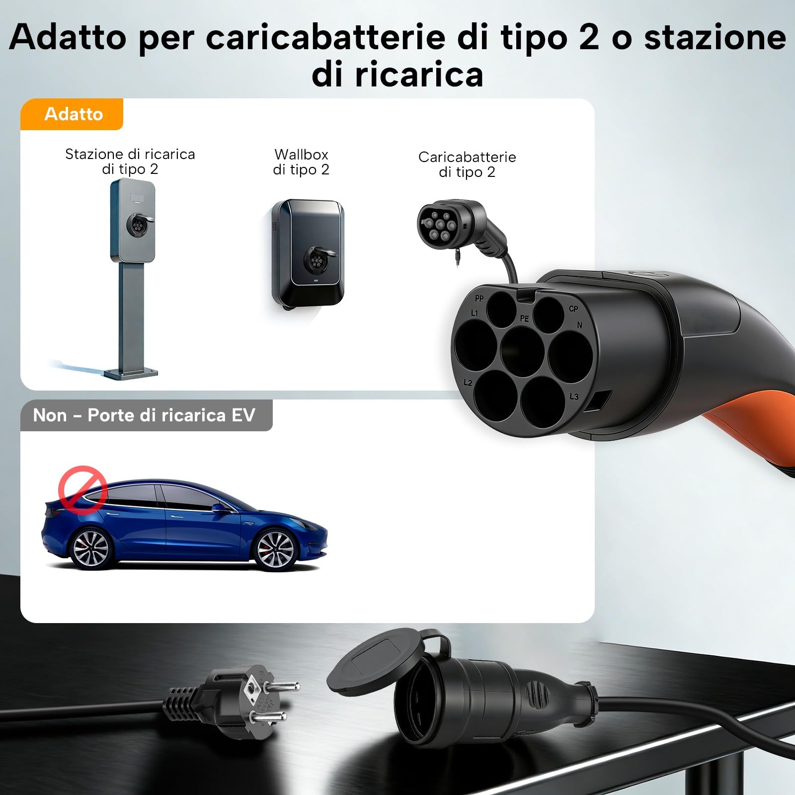 da tipo 2 a Schuko Adattatore, max 16 A, 3,5 kW, 1 m, cavo da tipo 2 a Schuko per stazioni di ricarica o wallbox per motociclette elettriche e biciclette elettriche