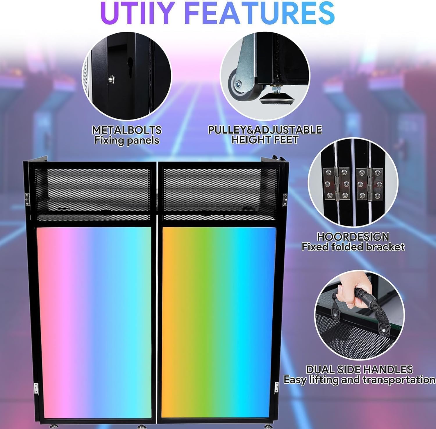 Upgraded Portable DJ Booth with Wheels, 44" x 20" DJ Stage Setup with Replaceable Black and White Scrims, Folding Portable Bar Table for Party, Wedding, Events - 4