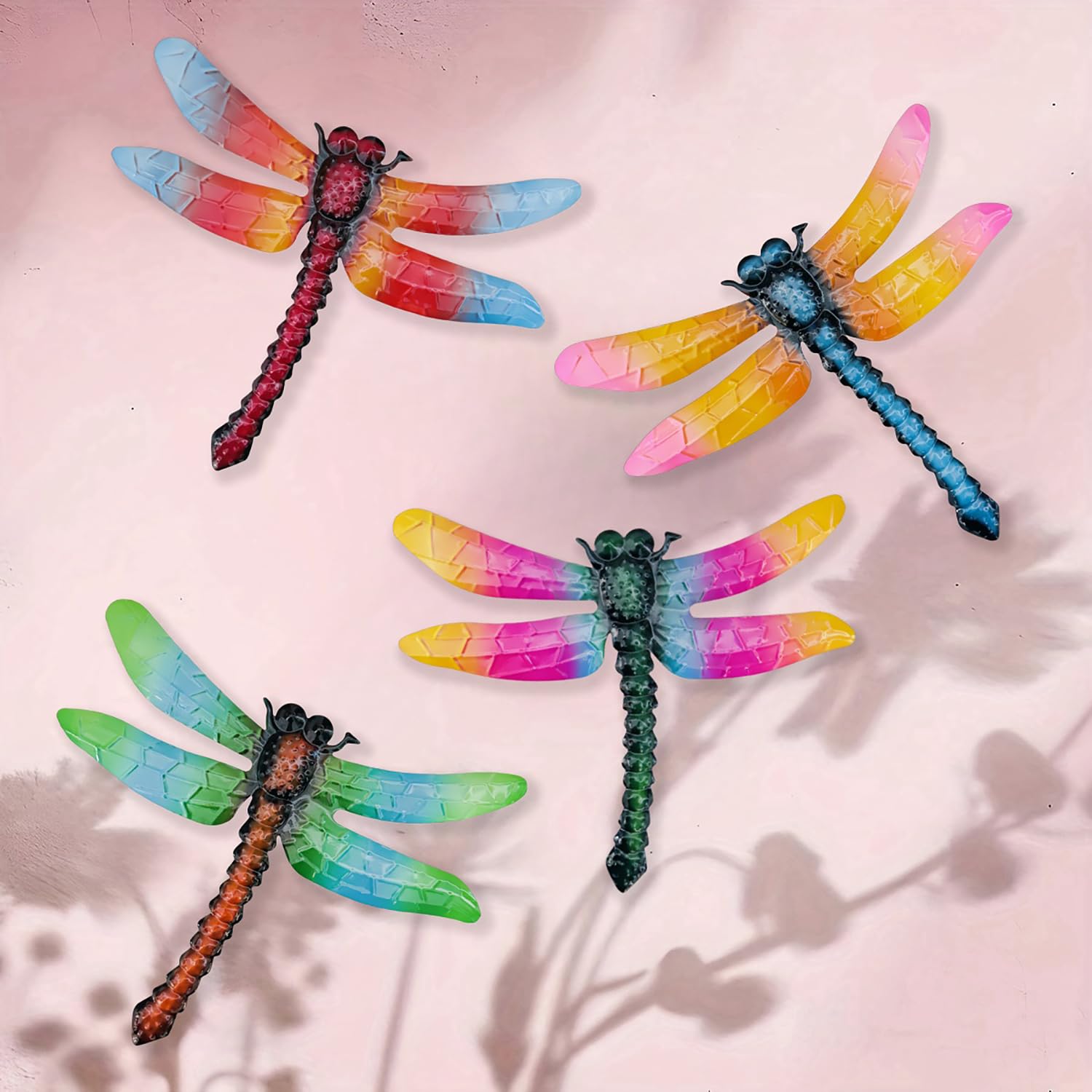 LINZHEN 4PCS Metal Colorful Dragonfly Wall Decor, 8.8" Metal Floral Wall Art Decorations, Boho Spring Garden Decor for Indoor Outdoor, Multi-Colored Art for Living Room Bedroom Patio Kitchen