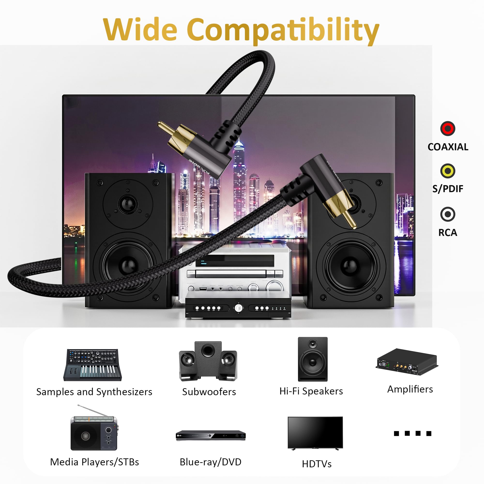 Cavo audio coassiale RCA a 90 gradi per subwoofer, 30 m, cavo RCA analogico digitale a doppia schermatura, connettori placcati oro ad angolo retto, intrecciato, per HDTV, subwoofer, sistema Hi-Fi