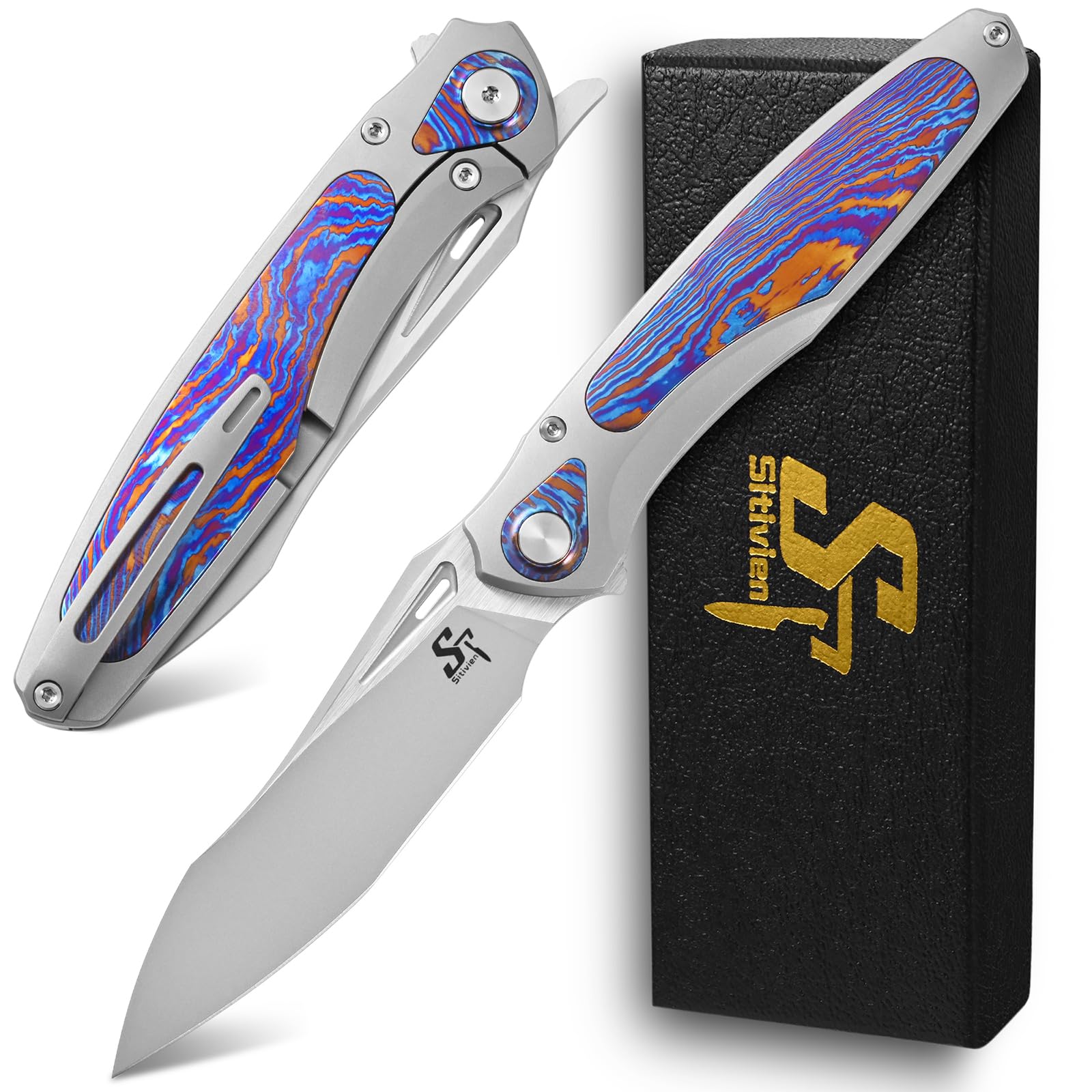 Photo 1 of Sitivien ST997 Folding Knife,Handmade M390 Pearlescent Brushed Steel Blade,Titanium Carbon Fiber Handle EDC Knife for Outdoor Camping Hiking Survival Travel (Timascus)