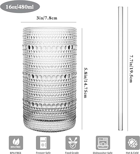 Miniatura 3 de Juego de 15 vasos de hobnail de 16 onzas  16.2 fl oz vintage con pajitas, tazas gruesas en relieve para agua, café helado, jugo, cócteles, cocina o