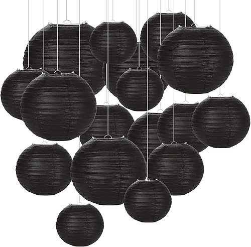 30 linternas de papel negro decorativas chinas, linternas de papel redondas de varios tamaños para decoraciones del hogar, fiestas y bodas,
