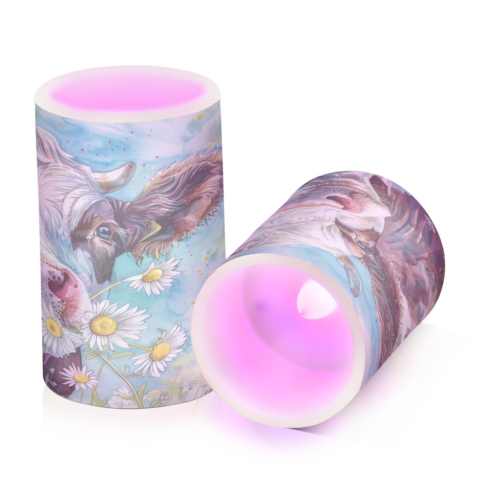 Watercolor Cows with Chrysanthemum Farm Animal Portraits in Their Mouths Flickering Flameless Candles Battery Operated with Remote Timer,Tea Light Candles LED Pillar Votive Candles set of 2 for Outdoo