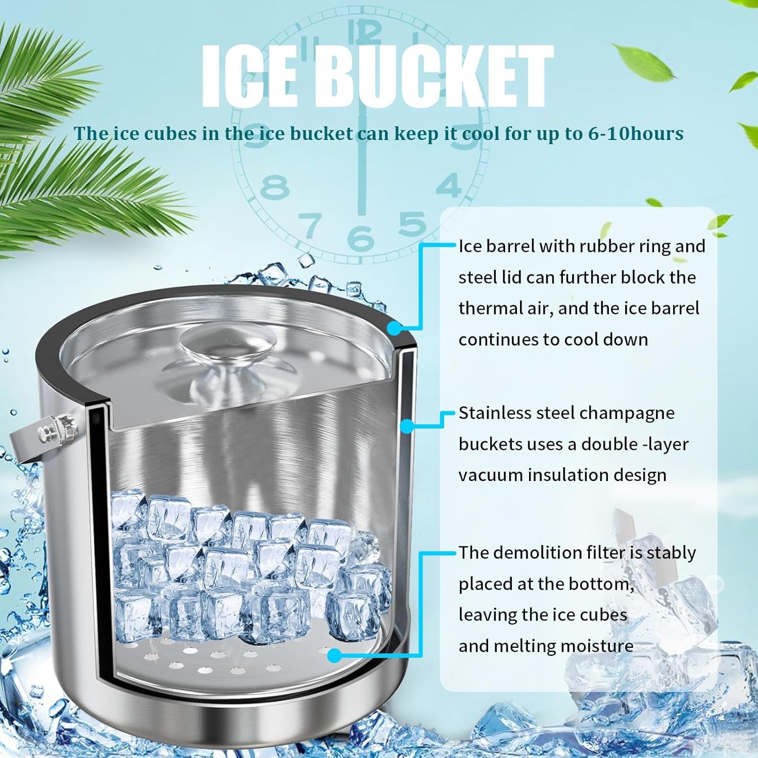 3L seau a glacon seau a champagne sceaux à glace et rafraîchisseur Double Paroi seau à glaçons isotherme en Acier Inoxydable avec Couvercle Pince Pelle cubes de glace et passoire