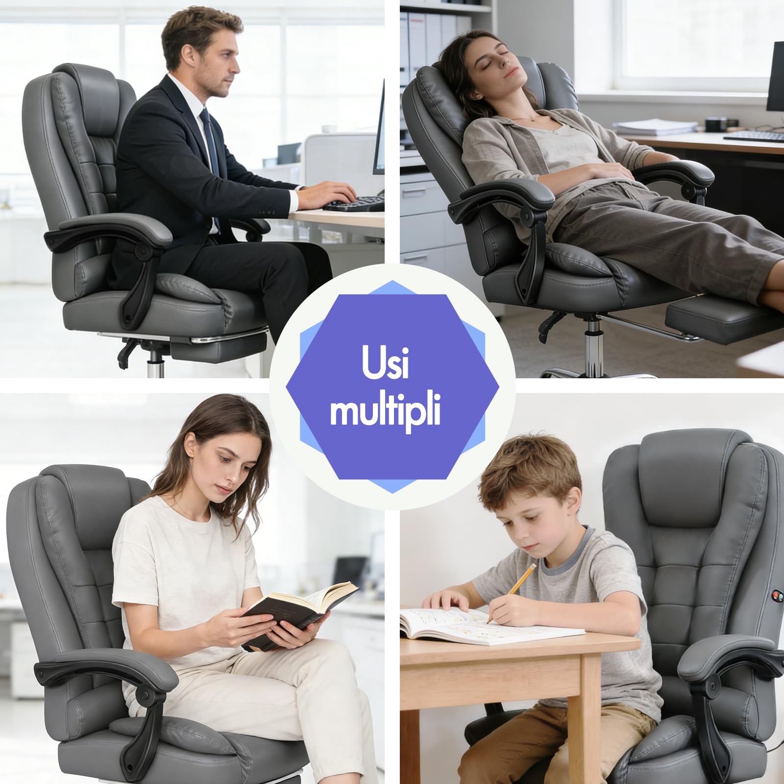 ALFORDSON Sedia Ufficio Ergonomica con Massaggio, Sedia Scrivania con Supporto Lombare e Poggiapiedi, Poltrona Girevole con Rotelle per Ufficio e Studio Sala Riunioni, Similpelle(Grigia)