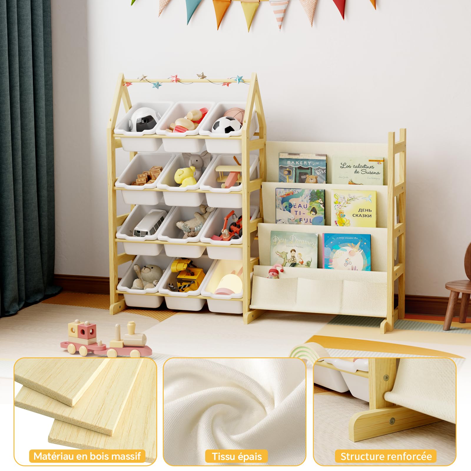 Rangement Jouet Bibliotheque Enfant Bois, avec 12 Bac Meuble Rangement Enfant, Montessori Etagere Presentoir Livre, Coffre à Jouet Bibliothèque, pour Chambre d'enfant et Salle de Jeux, Naturel