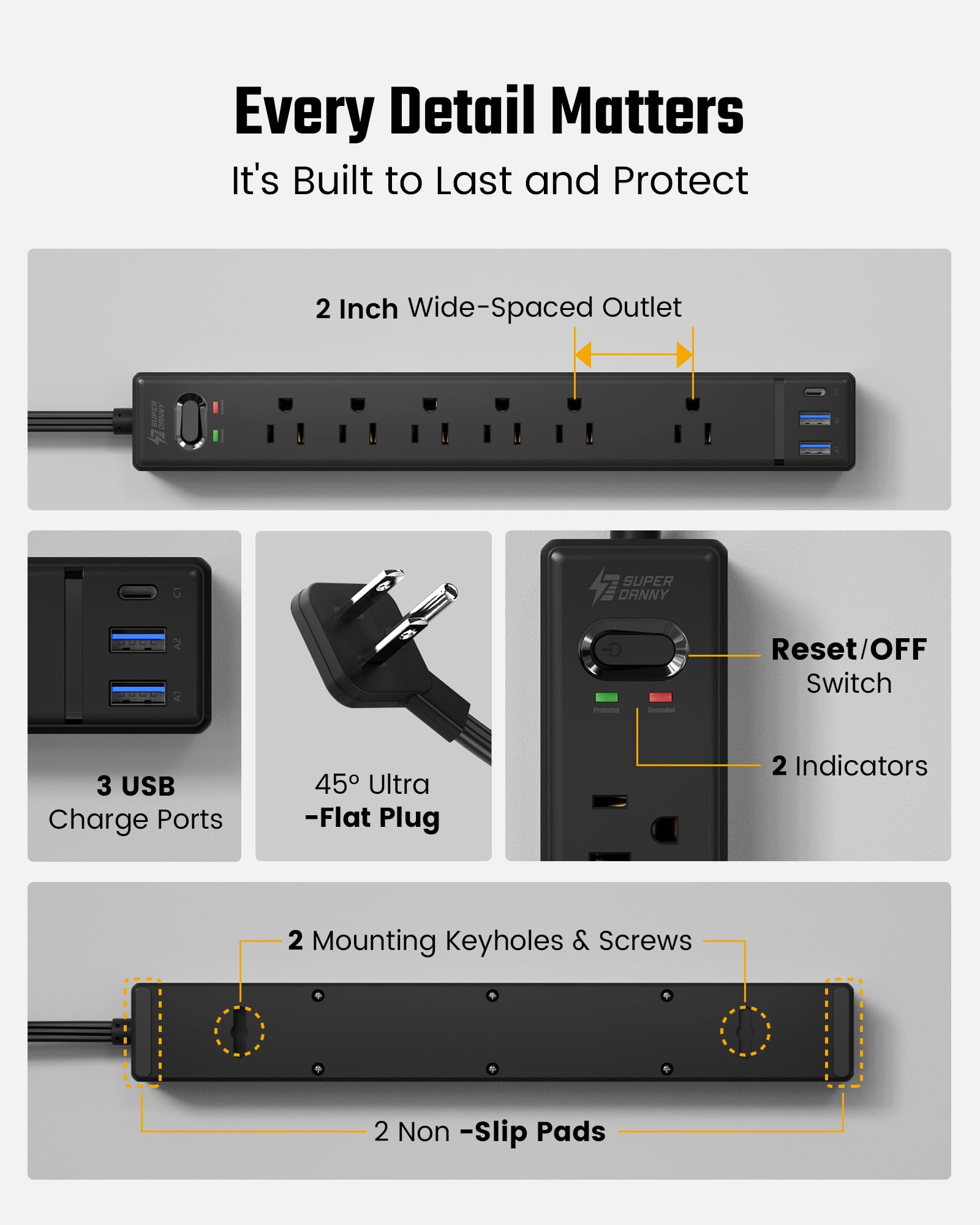 SUPERDANNY - Cable alargador de 3 m con múltiples tomas de corriente, enchufe plano, protección contra sobretensiones con 3 puertos USB y 6 enchufes, cable de 3 m, base de carga negra para