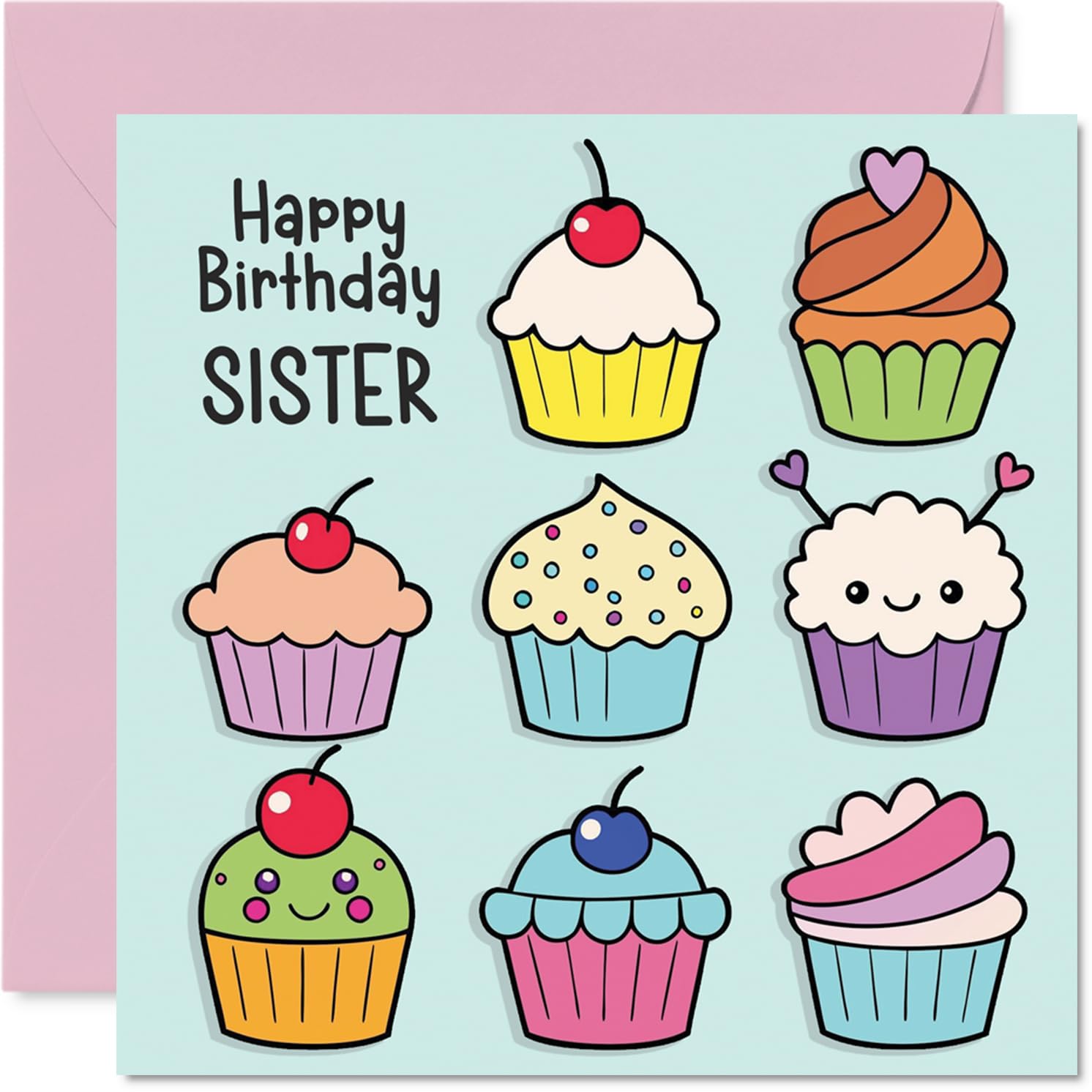 Sister Birthday Card - Cupcakes - Happy Birthday Card for Sister from Brother Sibling, 145mm Fairy Cake Baking Bday Greeting Cards