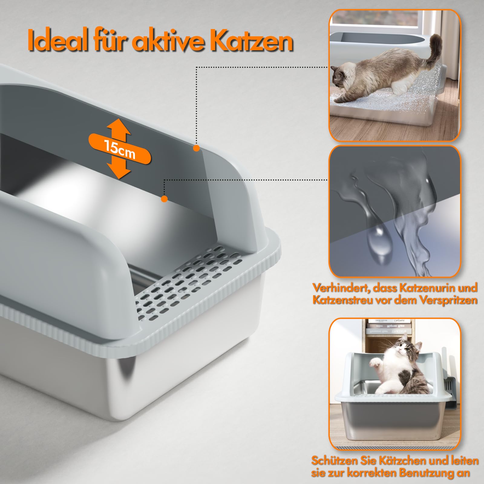 Katzenklo Edelstahl XL/L, Katzentoilette Edelstahl Große Kapazität Auslaufsicher Gegen Verschüttungen Katzenklo, mit Metall Katzenstreuschaufel(hellgrau)