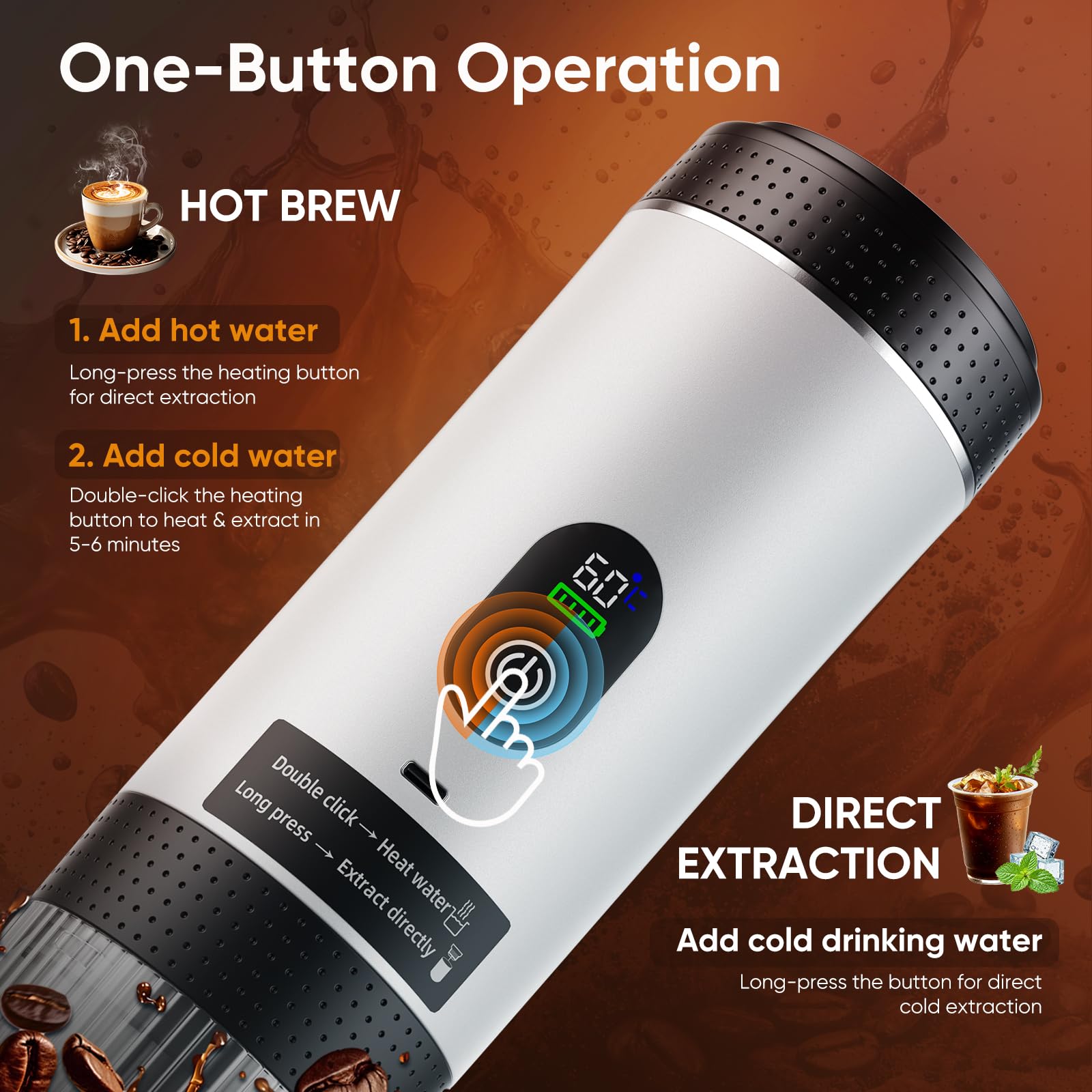 Macchina da caffè portatile 3 in 1 compatibile con capsule Dolce Gusto, Nespresso e caffè macinato – batteria 7500 mAh – Estrazione calda o diretta – Display intelligente per casa, ufficio, viaggio