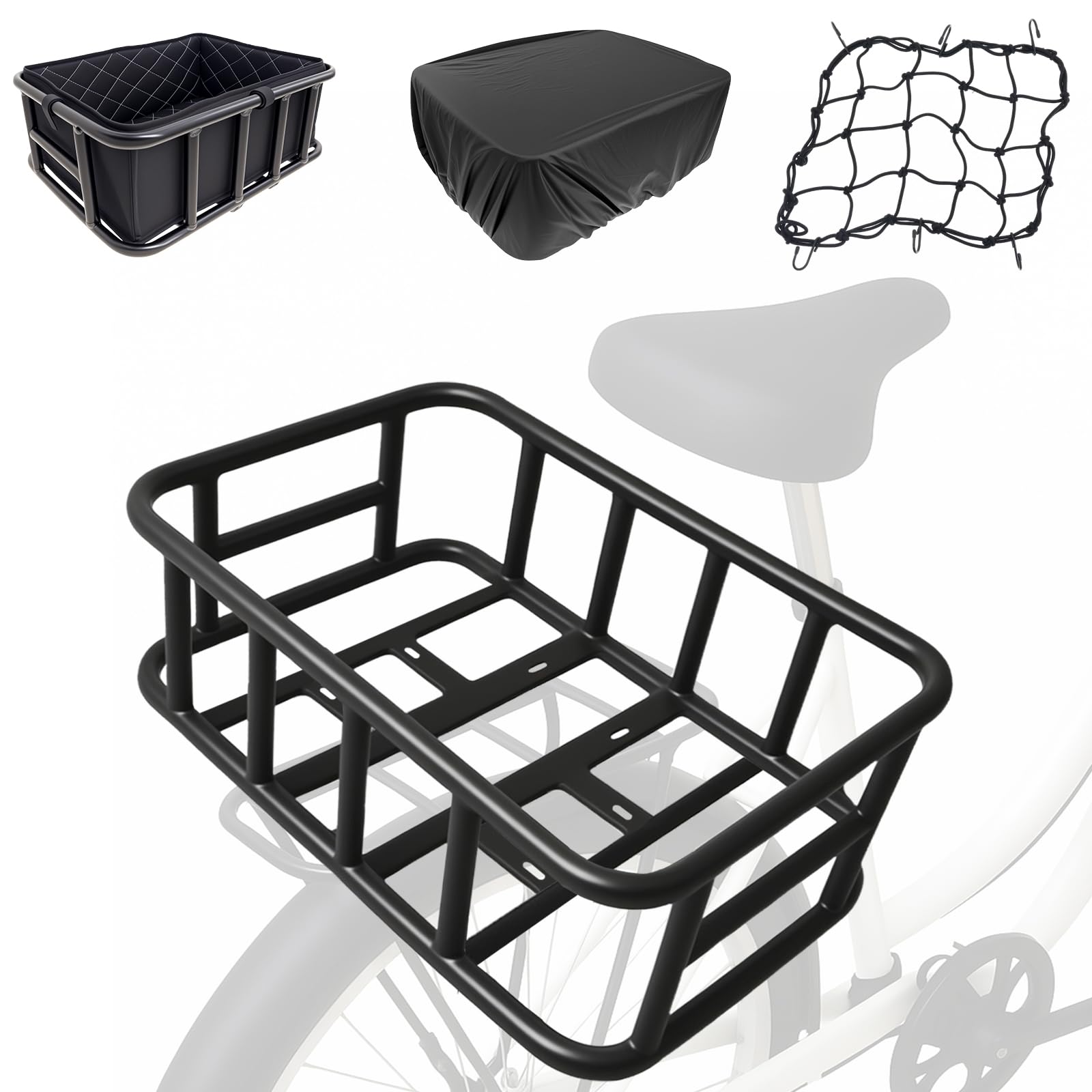 Fahrradkorb Hinten aus Metall mit Innentasche, Gepäckträgerkorb für Einkauf Reisen Haustiere und Lebensmittel, Universeller Transportkorb für Fahrrad Gepäckträger, Passend für Fahrräder und E-Bikes