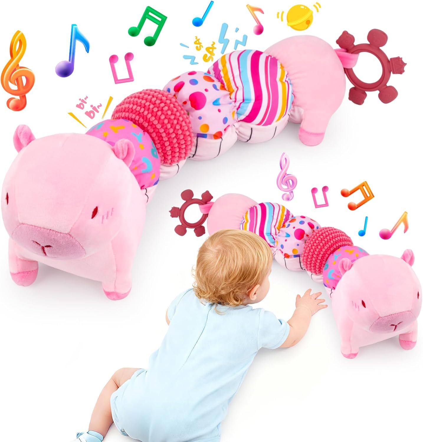 Baby Toys 0-12 Months, Infant Musical Caterpillar Baby Stuffed Animals with Crinkle, Rattle, Squeaker & Teether, Capybara Plush Sensory Baby Toy for Tummy & Soothing Newborn Gifts