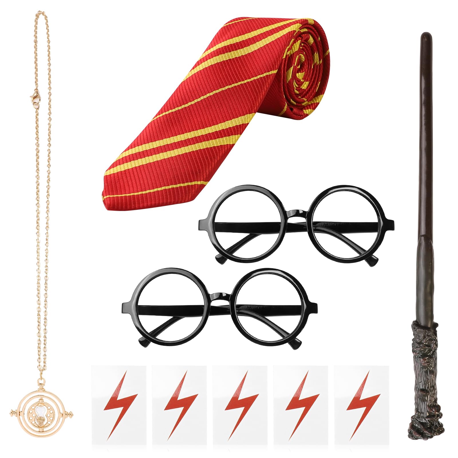 ZUYIST 6PCS Classic Wizard Costume Accessories, Wand Tie Glasses Necklace & Tattoos for Adults & Kids, Magic/Fantasy Theme Party Accessories