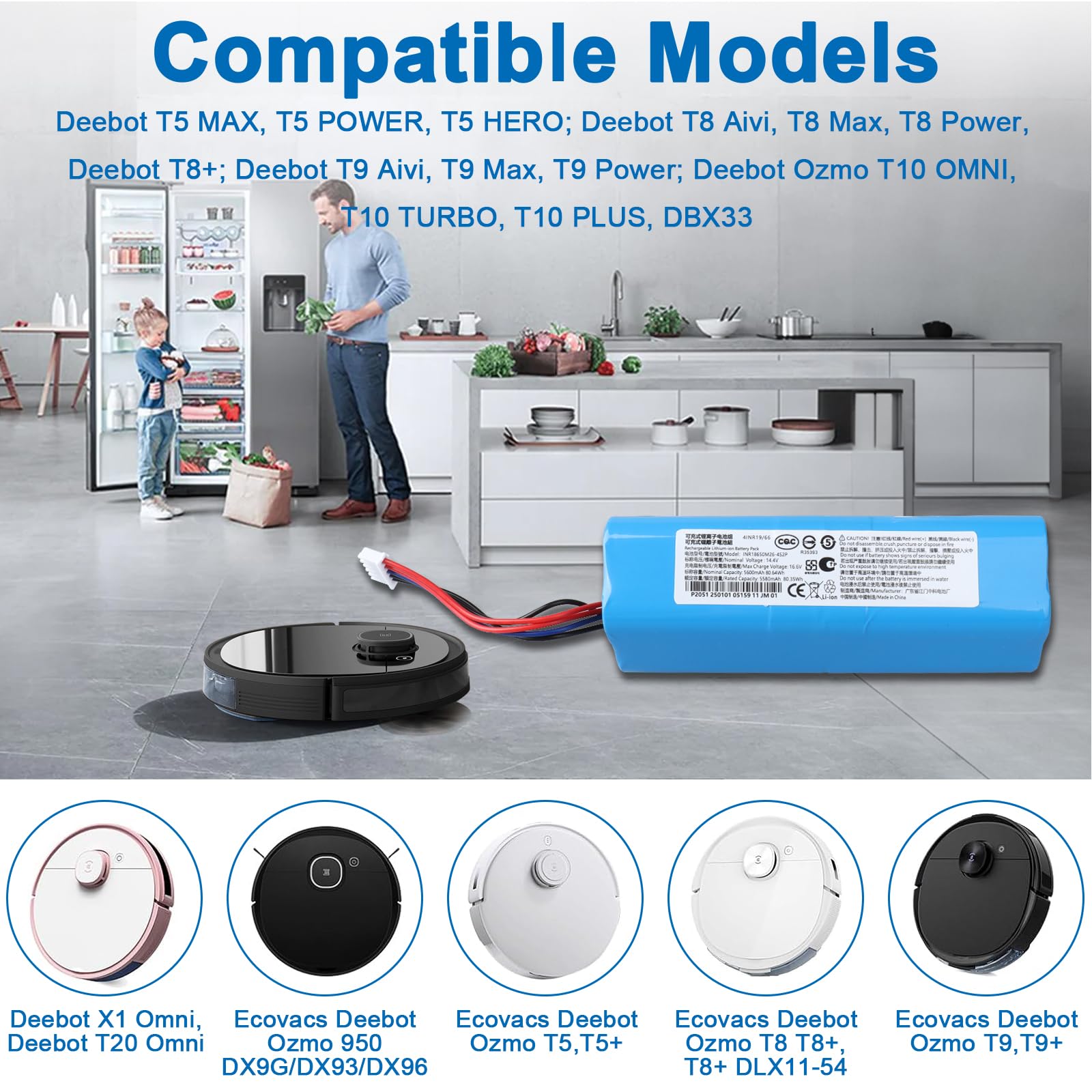 Bateria zapasowa MXJFYY 14,4 V, 5600 mAh, kompatybilna z Ecovacs Deebot T5, T9, T9+, T8, T8+, T10 AIVI/Max, Deebot DX65/DX93/DX96/DBX11, Deebot Ozmo 950 DX9G, Deebot DLX11-550 4 Home Robot