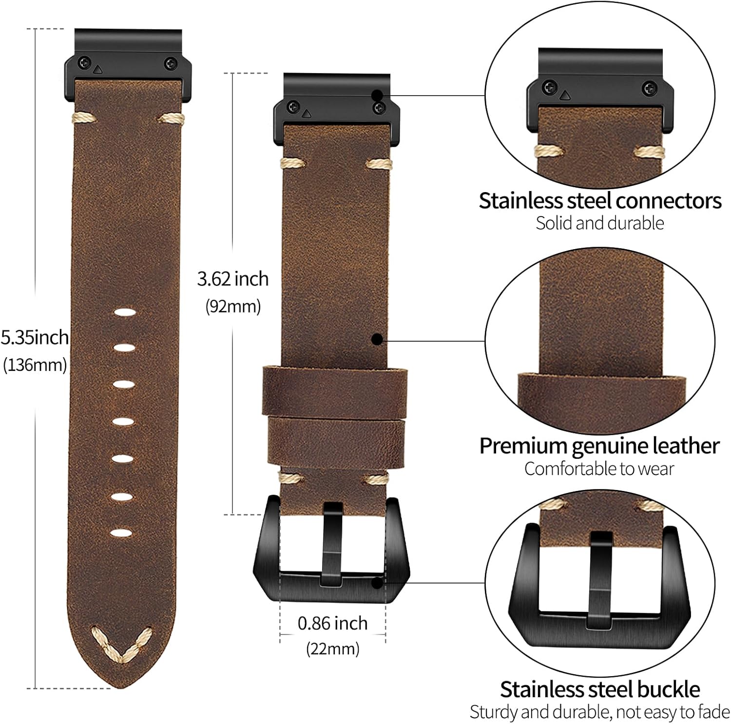 Handmade Double Sided Leather Band Compatible With Garmin Watch Band 22mm，Quickfit Retro Design Genuine Leather Band For Garmin Fenix 8 Fenix E 47mm/ 7/6 Pro/5 Plus/MARQ/Forerunner 935(Brown/Black)