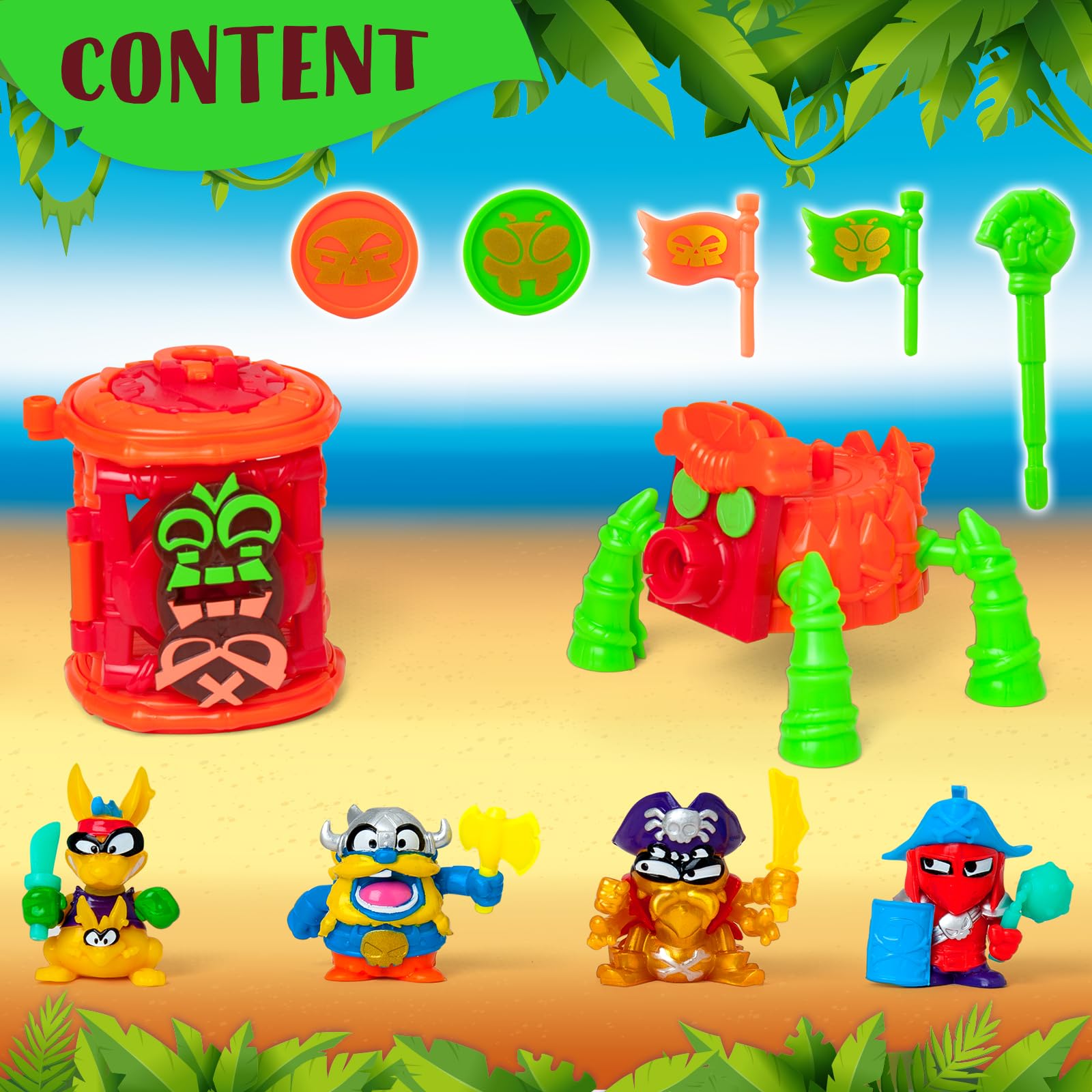 PIRATIX ADVENTURE WORLD Crazy Jungle Series, Captain Pack Black Silk: 4 Piratix, 1 golden Captain, 4 neon accessories, 1 Cage - Image 2