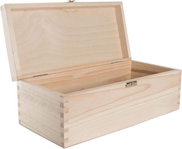 Wooden Oblong Lidded Box | 30 x 14 x 11 cm | Clasp Closure | Rectangular Valuables Memory Keepsake Storage | Unpainted & Untreated Plain Decorative Pinewood for Craft Decoupage