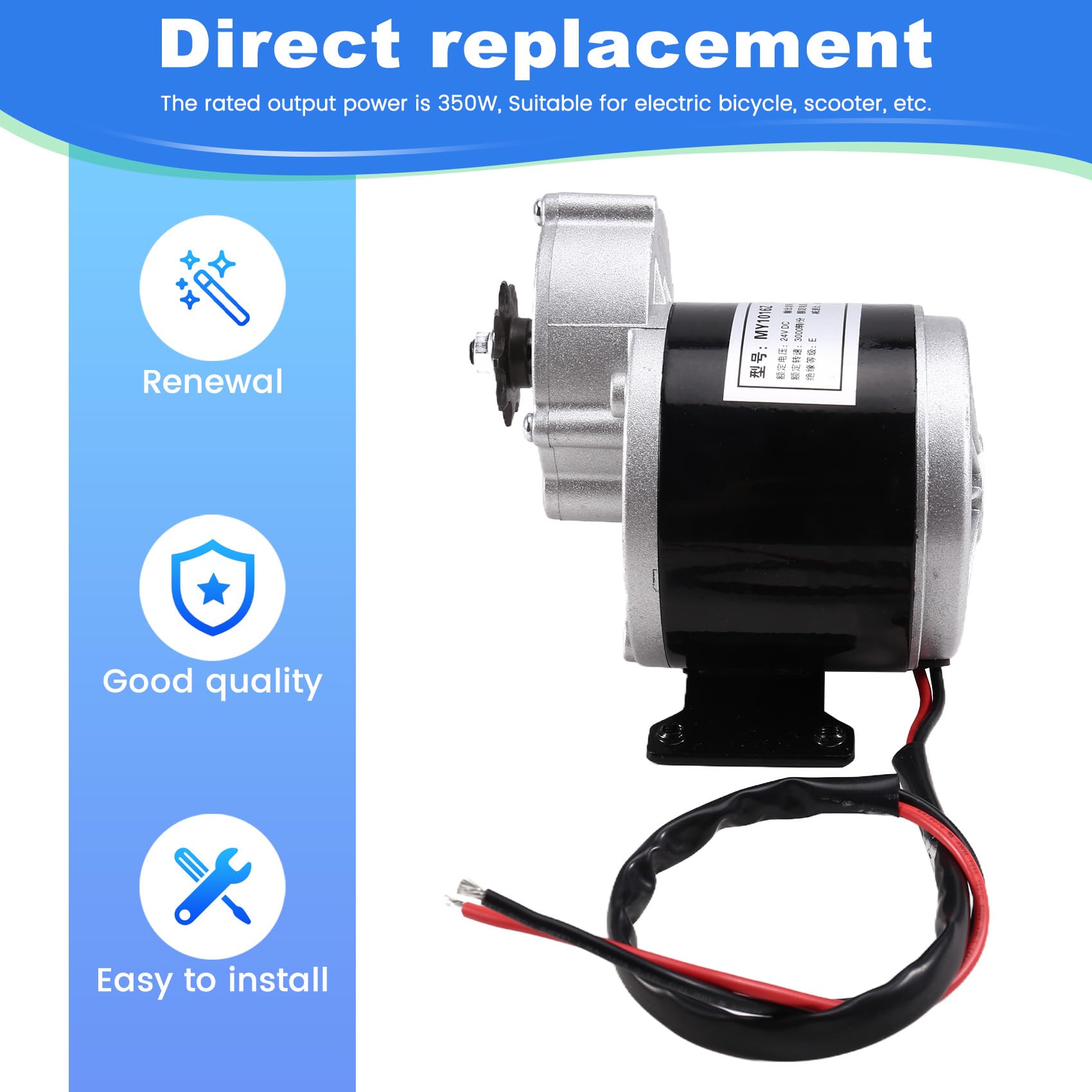 Motor Eléctrico Reductor de Engranajes de 24 V y 350 W con Piñón de 9 Dientes, Motor de CC Cepillado, Reductor Universal para Bicicletas Eléctricas y Scooters.