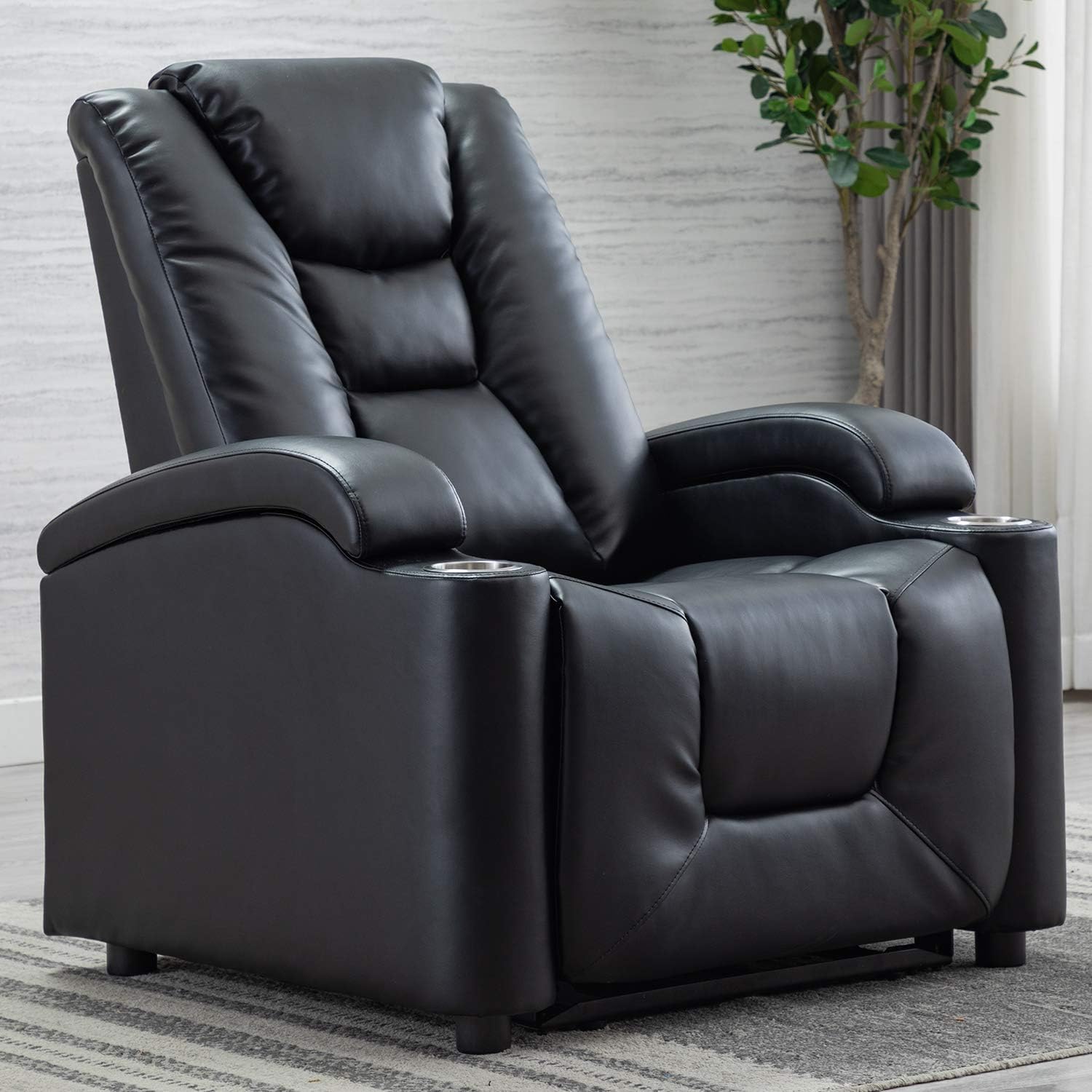 CANMOV Electric Power Recliner Chair with Adjustable Headrest and Cup Holders, Breathable Bonded Leather Home Theater Seating with USB Ports, Black