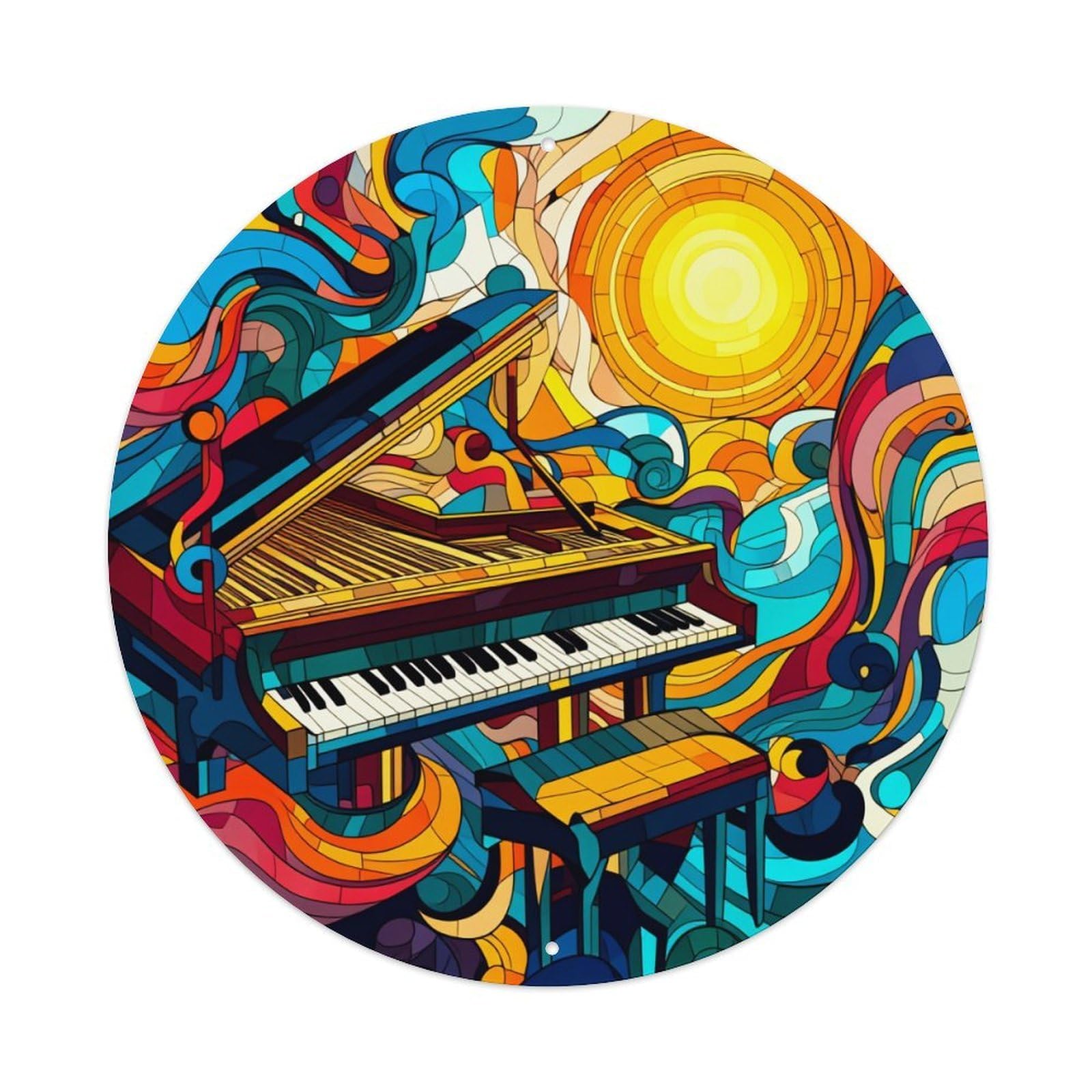 Colorful Piano Abstract Art Design Round Tin Sign Vintage Metal Poster, Home Bar Garage Man Cave Cafe Indoor & Outdoor Wall Decoration 8x8Inches