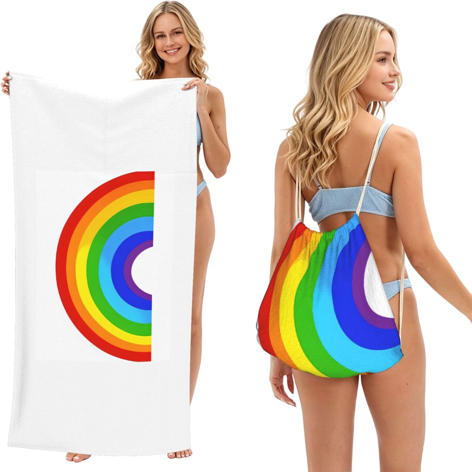 ESNAIUVCD Rainbow Printed Print Beach Towel For Adults,Towel With Drawstring Bag, Travel Pool Swimming Sports Shower Sand Free Quick Dry Bath Towel For Pool, Beach, Yoga- 180x60cm