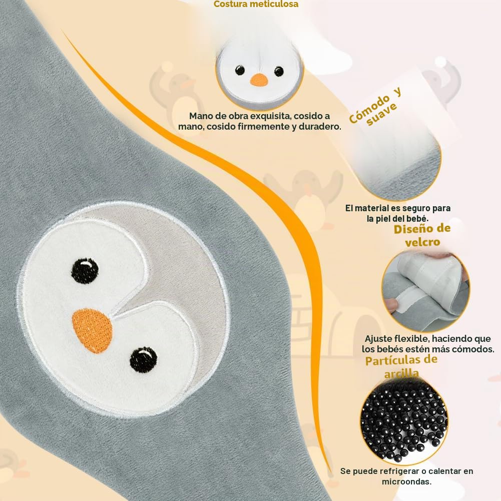 Vicloon Cinturón Calentador para Bebé, Cinturón Anticólico para Bebé, Partículas de Arcilla, Micro Ondulado, Lavable, Cojín Térmico Ajustable para Bebés para Dolor Abdominal y Flatulencia(Pingüino)