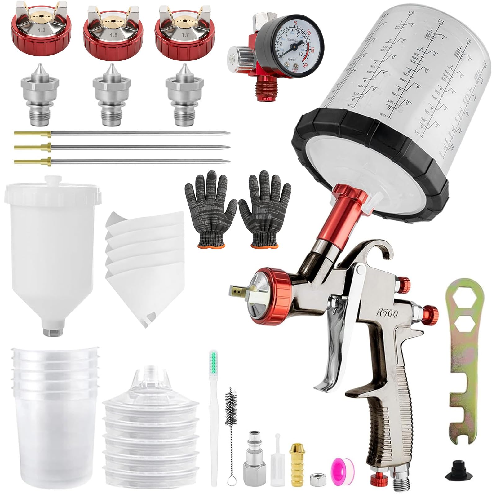 LVLP - Kit de pistola de pintura automotriz R500, boquillas de 1.3/1.5/1.7 mm LVLP con taza de plástico y vasos desechables y juego de regulador de aire, para pintura de casa, coche, muebles, valla