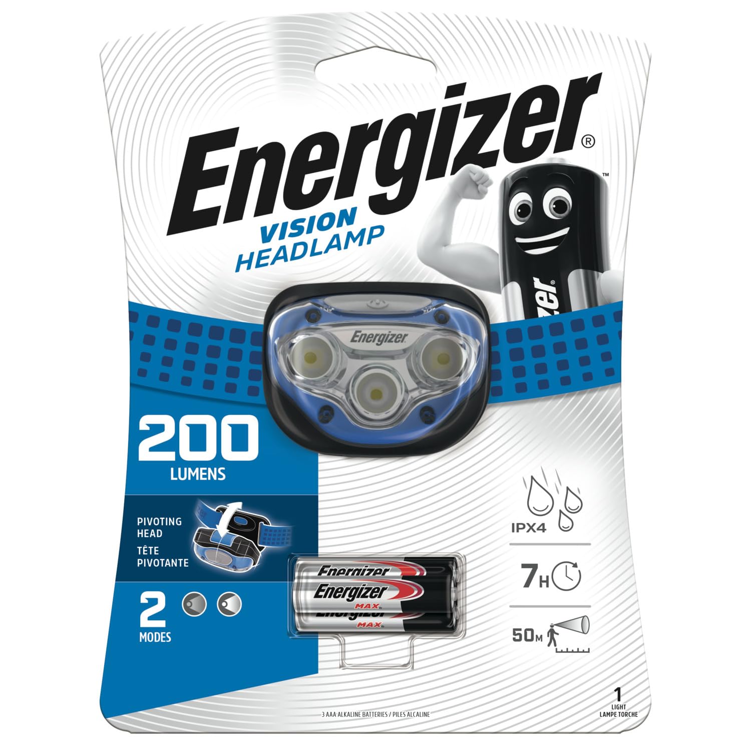 Energizer MAX - Frontal Deportivo de 200 lúmenes Funciona con 3 Pilas AAA, Interruptor Deslizante de encedido y Apagado, Dos Modos de iluminación Intenso y Suave