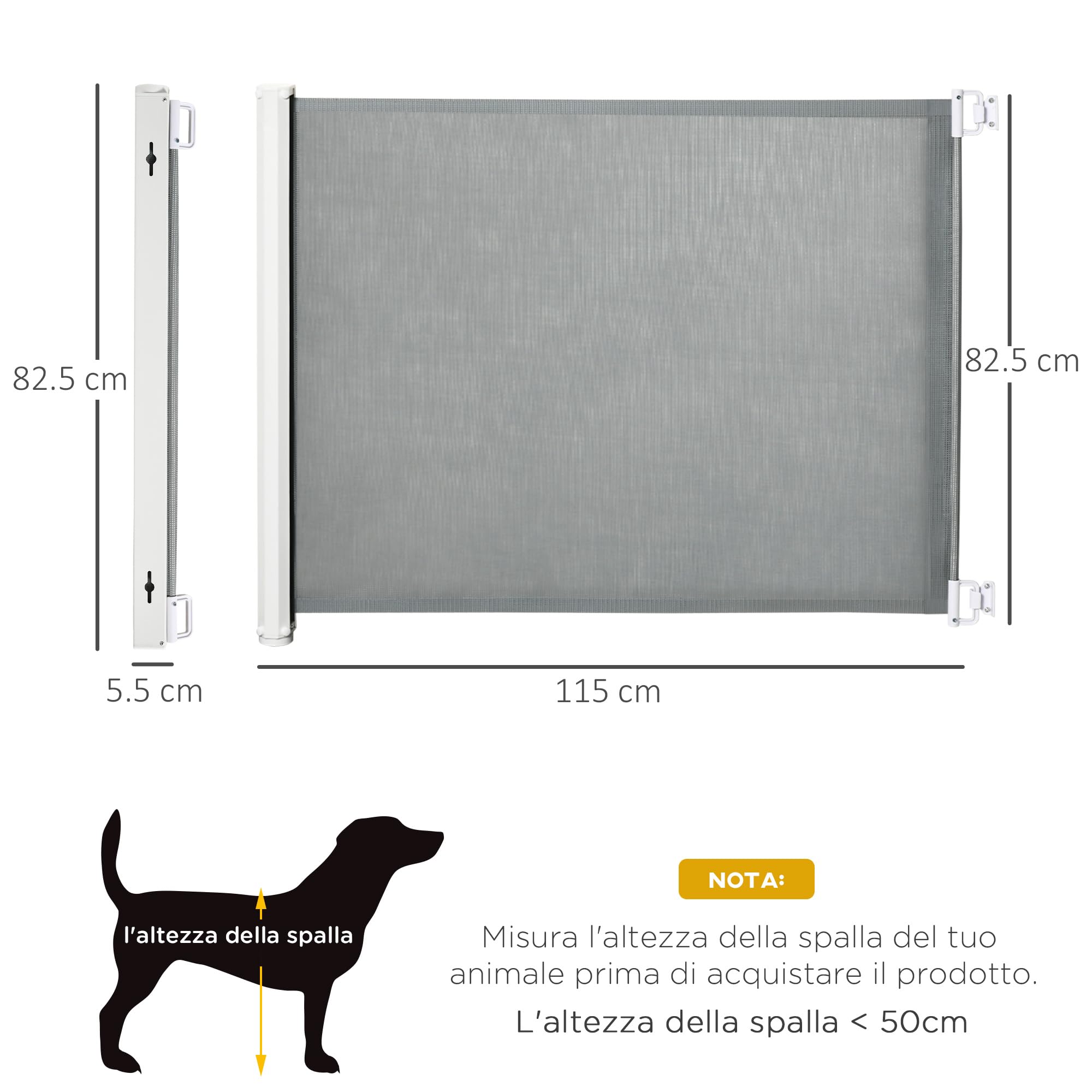 PawHut Cancellino per Cani Estensibile fino a 115 cm con Viti e Gancio, Cancelletto di Sicurezza in Poliestere e Acciaio, 115x82.5 cm, Bianco e Grigio