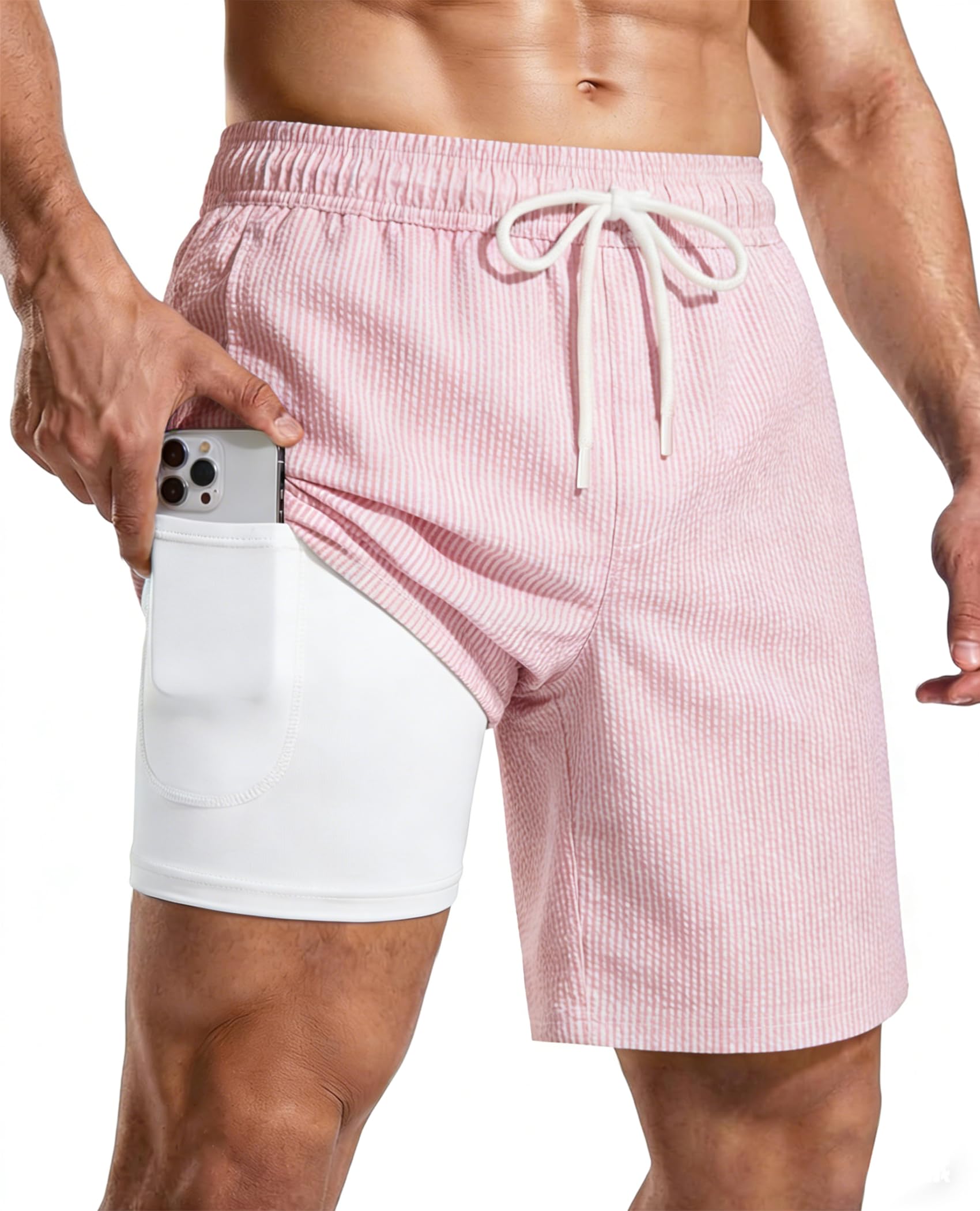 CoozySphere Men's Swimming Trunks with Compression Liner 2 in 1 Swim Shorts with Zipper Pockets Quick Dry Stretch