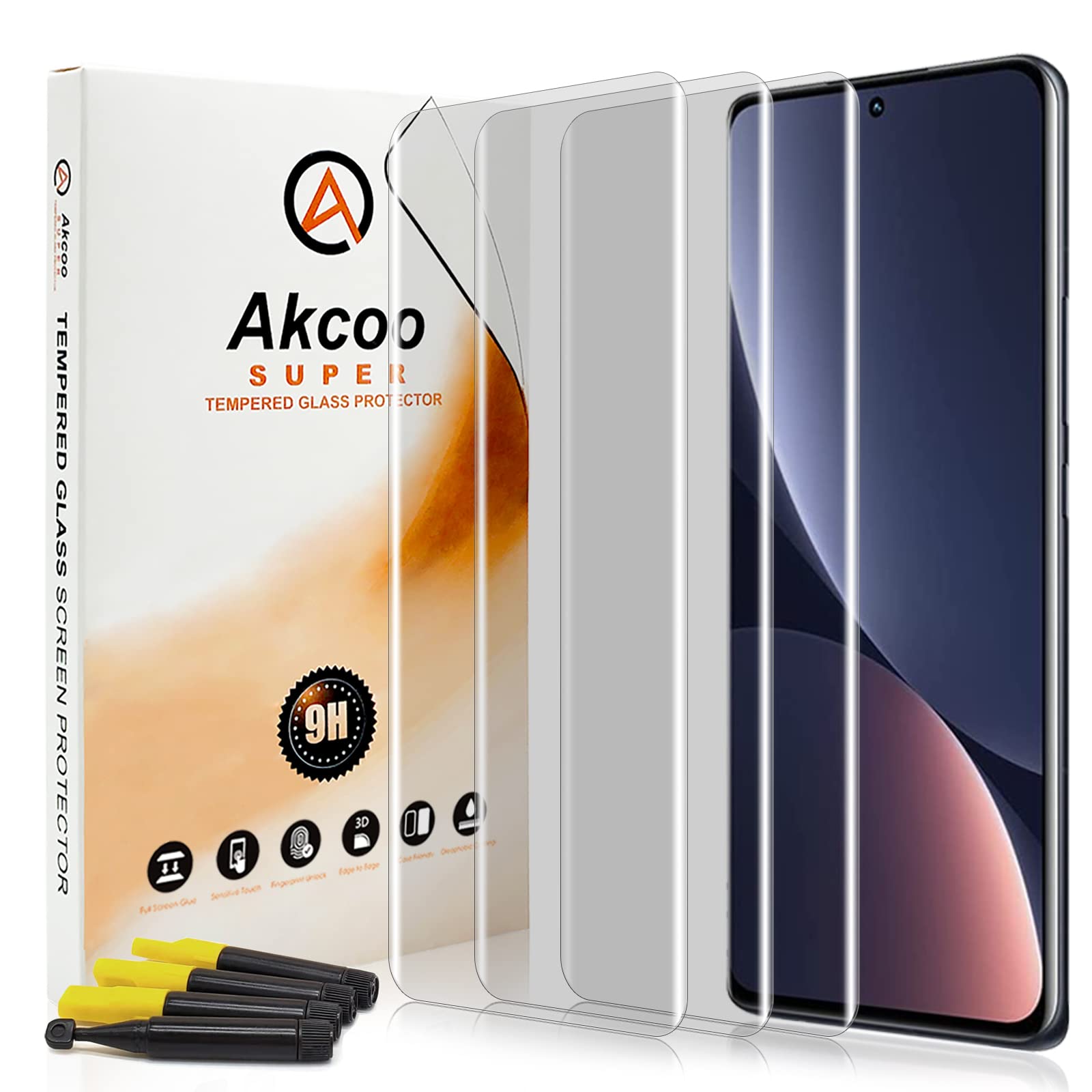 Akcoo Screen Protector for Xiaomi 12s Ultra / 12 Pro / 13 Ultra / 13 Pro, Tempered Glass UV Set - 3 Pack, 9H Scratch Resistant, Sensitive Touch