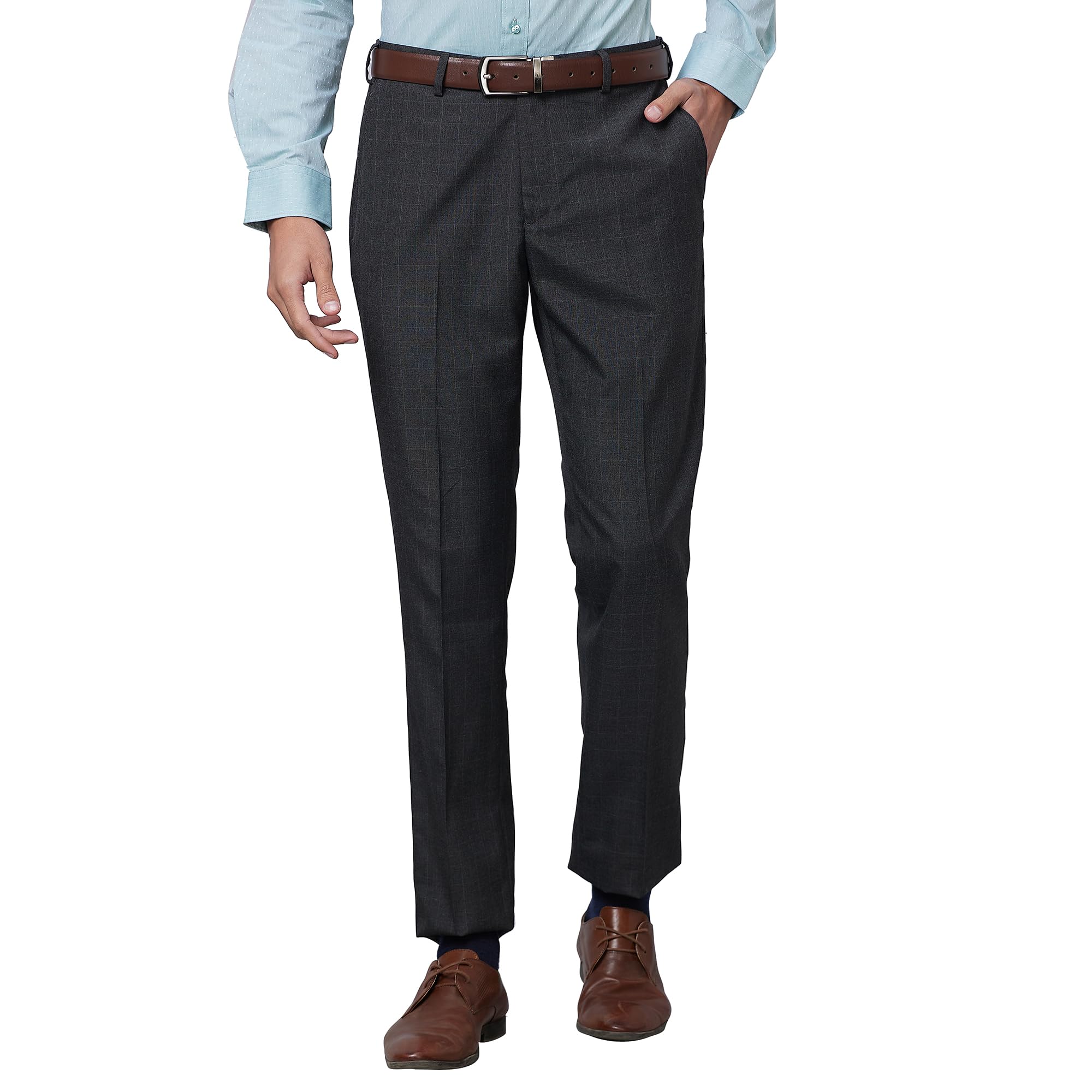 park avenue Men's Smart Fit Polyviscose Blend Flat Front Checks Pattern Dark Grey Formal Trouser-picture-31