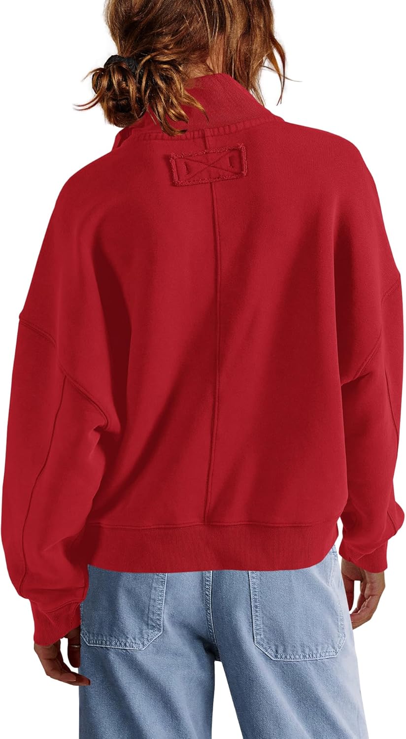 Nirovien Womens Henely Oversized Sweatshirts Stand Collar Cropped Sweatshirt Long Sleeve Quarter Button Pullover - Image 4