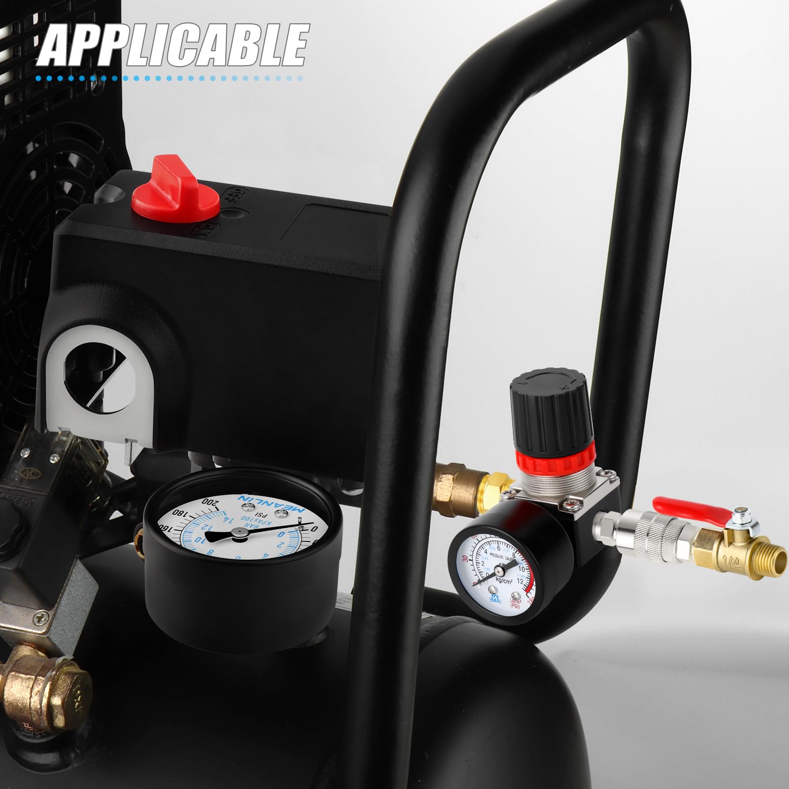 MEANLIN MEASURE Valvola di controllo del pressostato del compressore d'aria 8.3~10.7 BAR 110V-240V Ricambi per porta laterale a 4 vie con regolatore del compressore d'aria e valvola di sicurezza