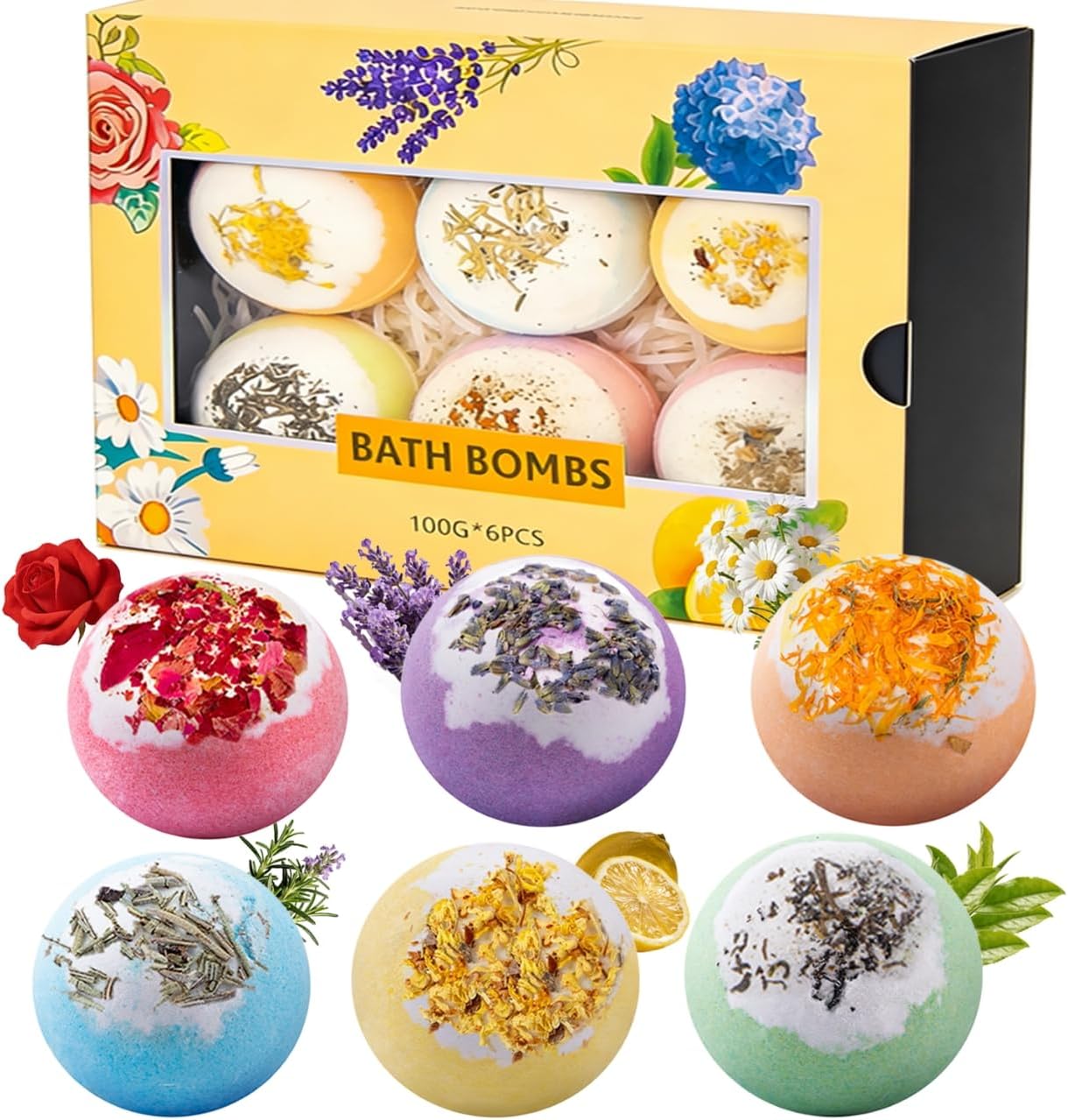 Bath Bombs Gift Set, Natural Floral Bath Bombs, Lavender, Rose, Lemon Aromatherapy, Wife or Girls Birthday Gift Ideas Gift Preferred
