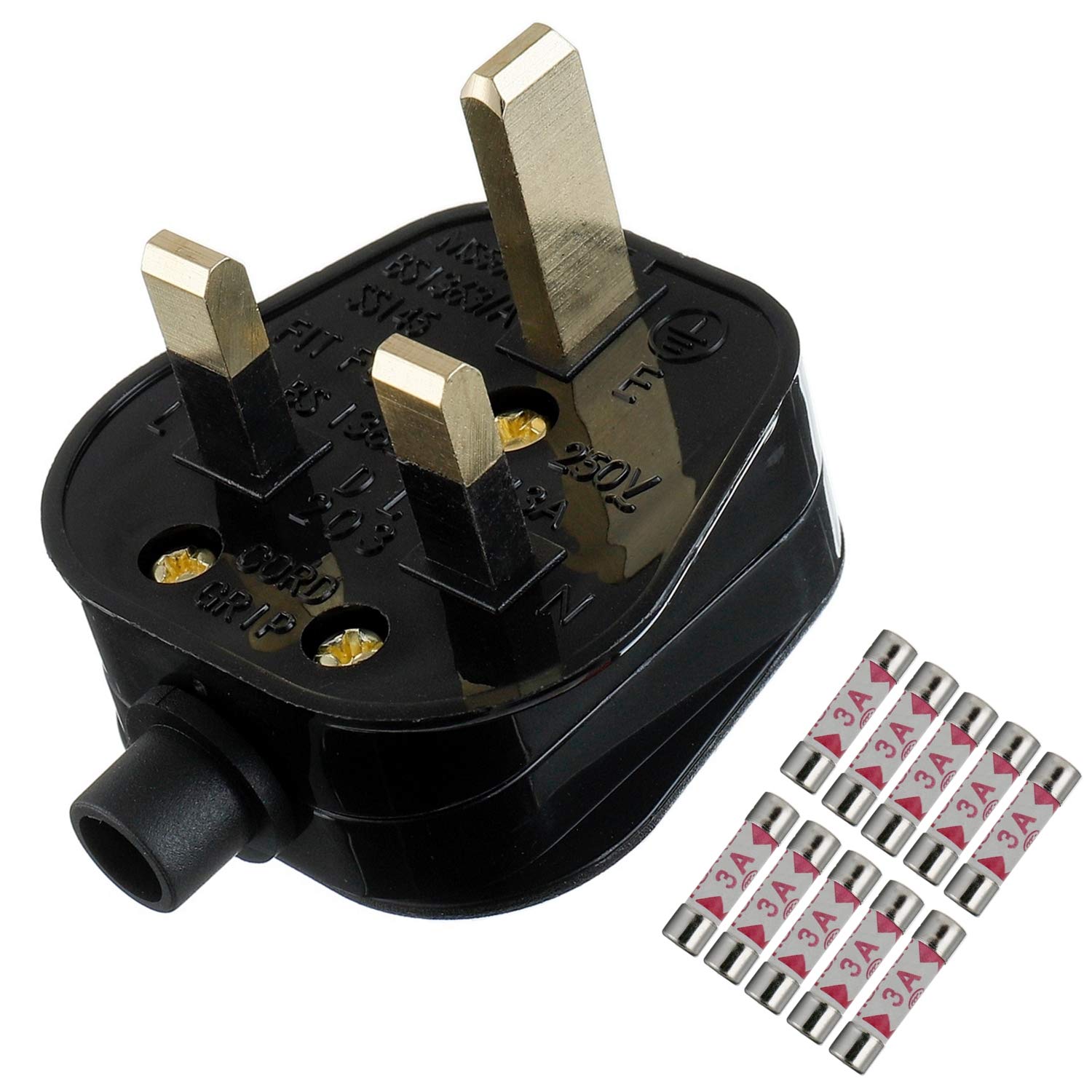3A Fused Mains Plug With Cord Grip For UK Fuses Black (Pack of 1 pcs ）