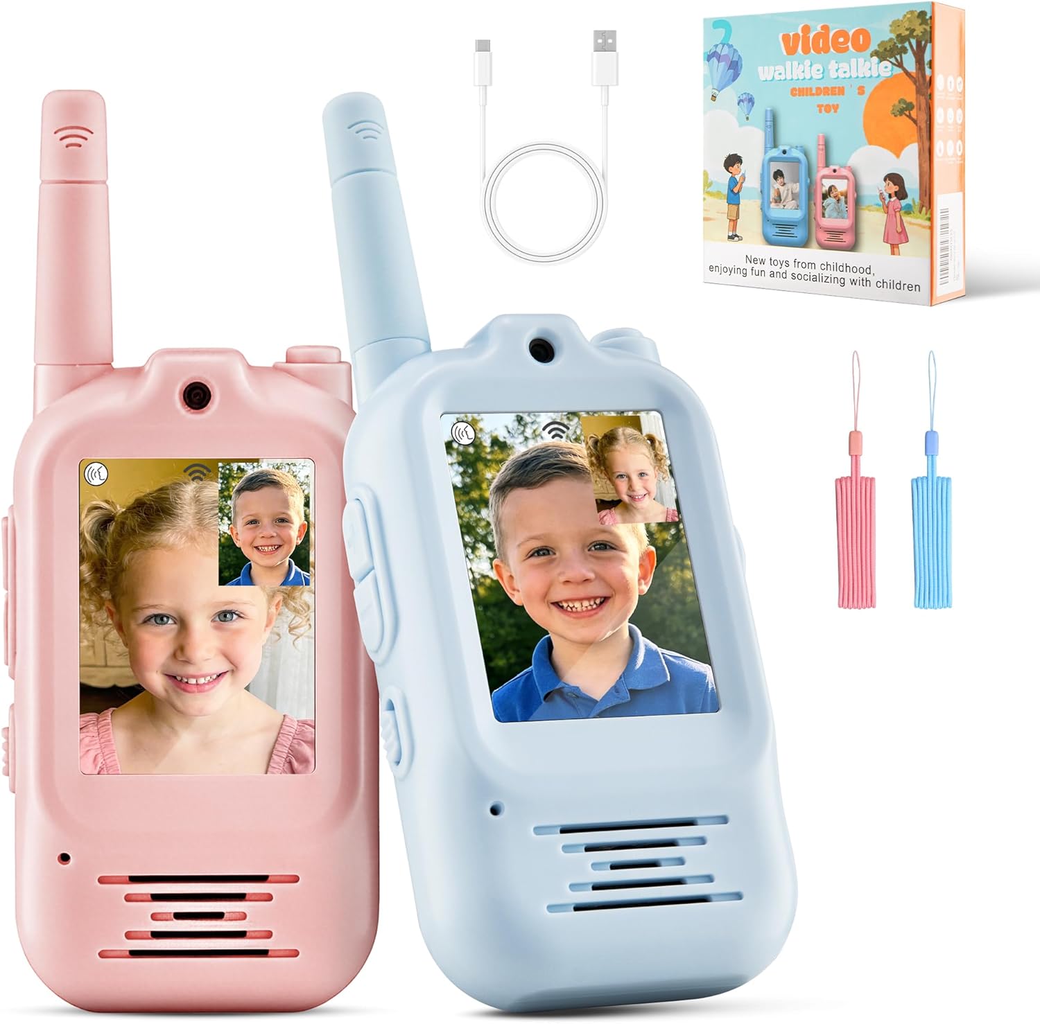 Video Walkie Talkies for Kids, 2.0" Screen Toys with Camera, 5 Voice Changer Modes, Long Range Rechargeable Video Call Toys for 3-12 Year Old Boys Girls Birthday (Blue/Pink)
