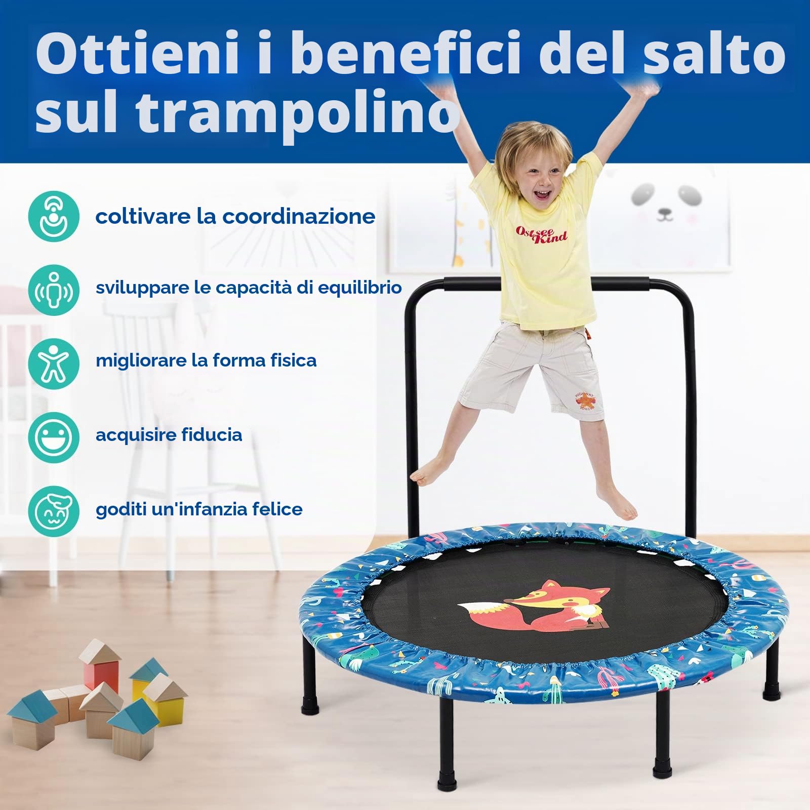 '38'' Trampoline for Kid Mini Trampolines with Adjustable Foam Handle and Safety Padded Cover Foldable Toddler Bouncer Indoor & Outdoor Bungee Rebounder Trampoline for Child Play and Exercise'
