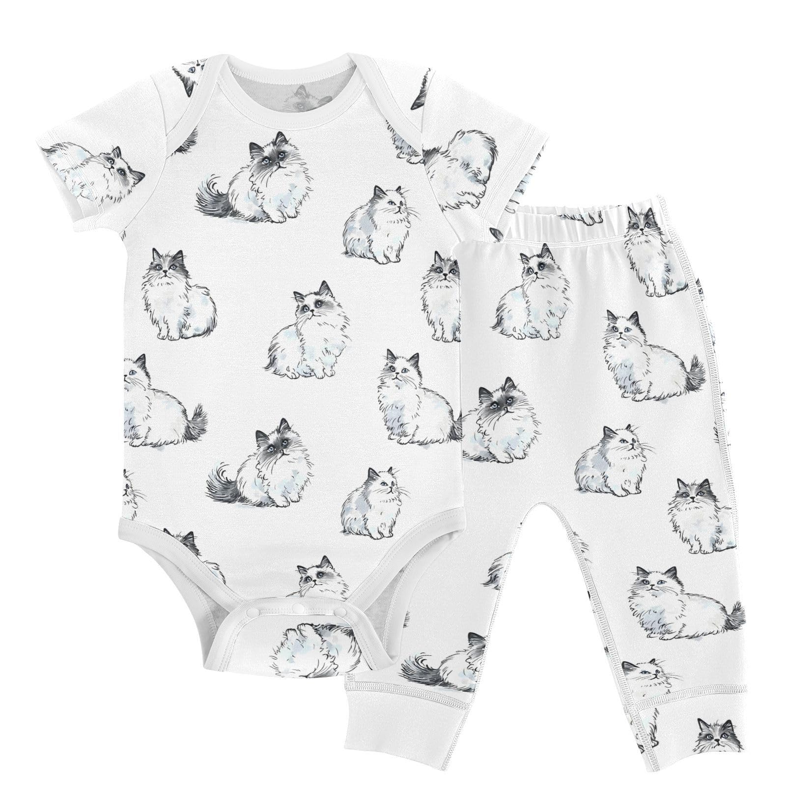 vvfelixl Unisex Short Sleeve Baby Pants Sets,Ragdoll Cat Ink Style Baby Bodysuits Set,Babys Layette Sets Clothes for 18-24M