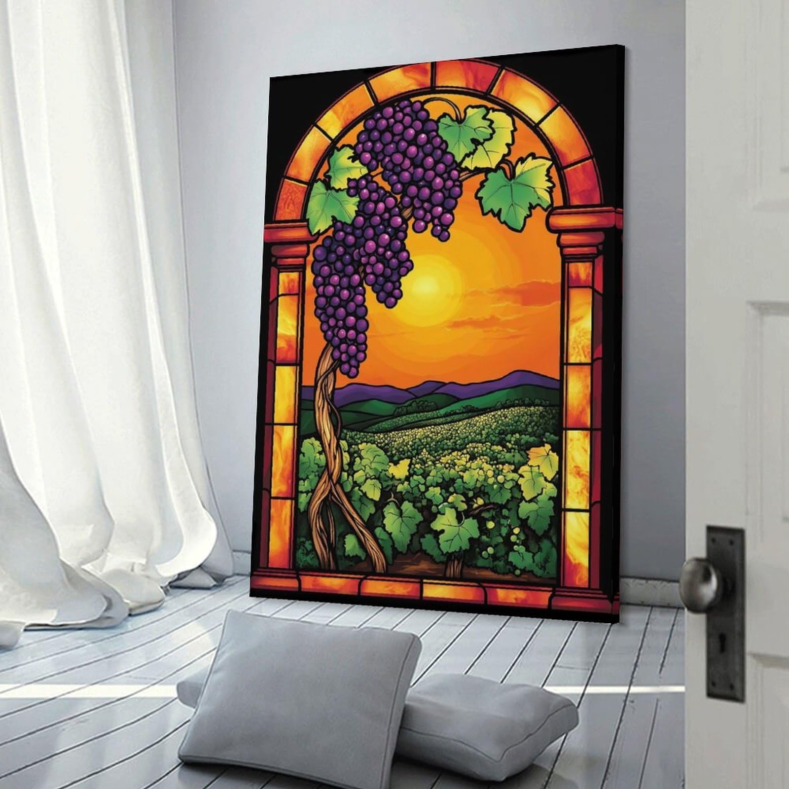 Junmoney Wall Art Print Vineyard Sunset Stained Glass, 20x30inch(50x75cm), for Home Lounge, Bedroom Or Reading Nook, Canvas Styling for A Polished Room Look