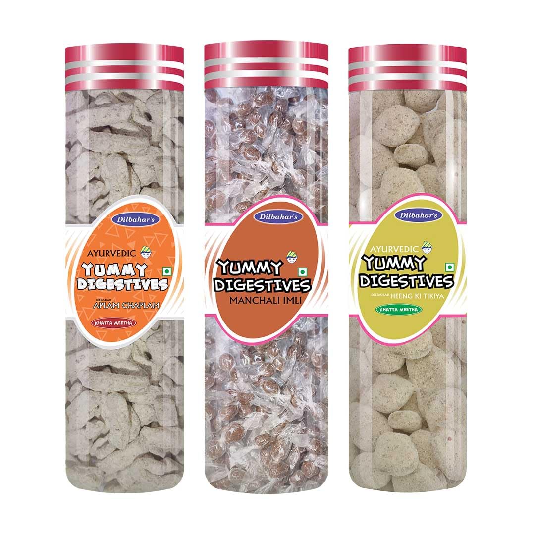 DILBAHAR'S Aplam Chaplam 165G, Manchali Imli 210G, Heeng Ki Tikiya 200G (Pack of 3) - Digestive Pachak Chatpati Goli, Mukhwas Mouth Freshener, Digestive Pachak Churan,Sweet Mango, Tamarind