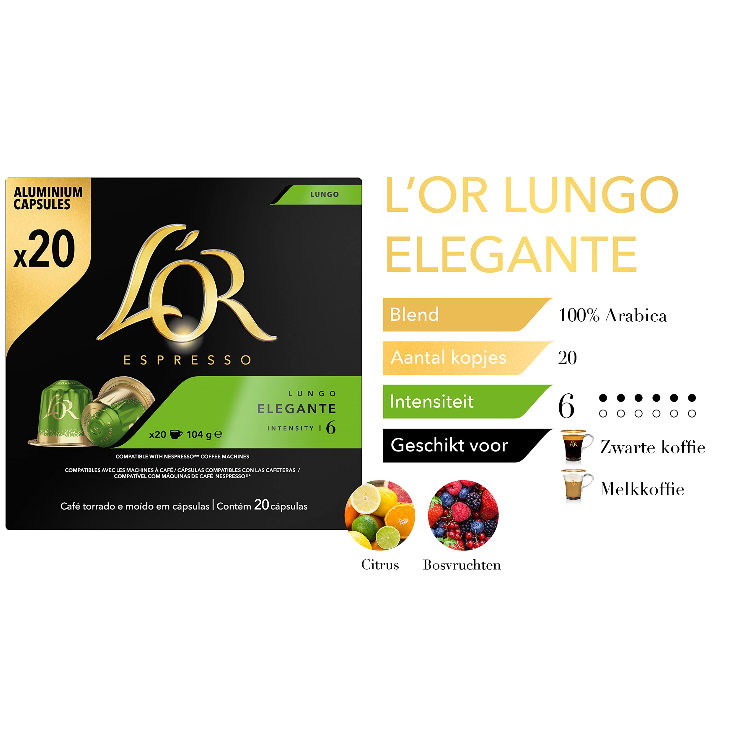 L'OR Kapsułki kawy Espresso Lungo Stylowe (200 kapsułek z kawą Lungo, odpowiednie do ekspresów do kawy Nespresso, Intensywność 06/12, kawa 100% Arabica), 10 x 20 filiżanek