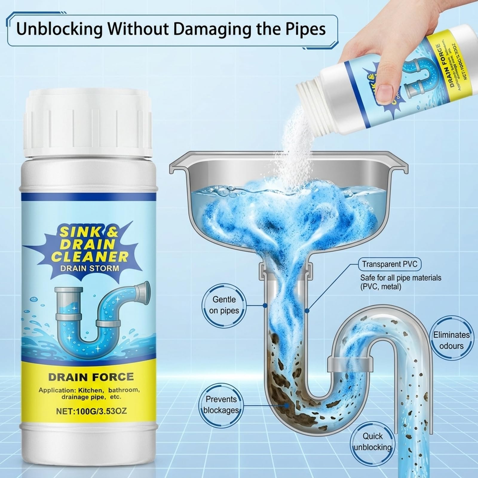 2026 Neu Abflussreiniger Extra Stark 100G Multifunktional Rohrreiniger Extrem Stark Drain Cleaner für Bad Küche Toilette 2 Stück