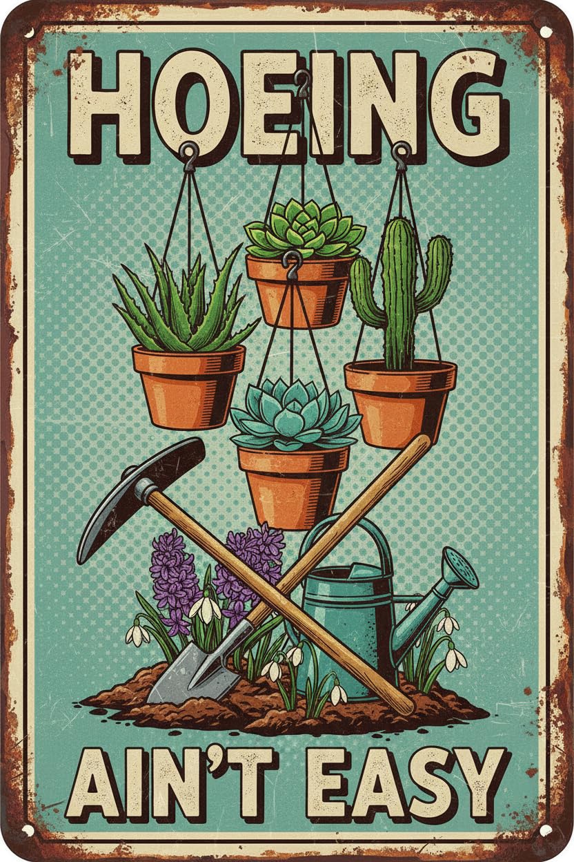 Hoeing Ain't Easy Gardening Tin Sign, 12x8 Inch Gift