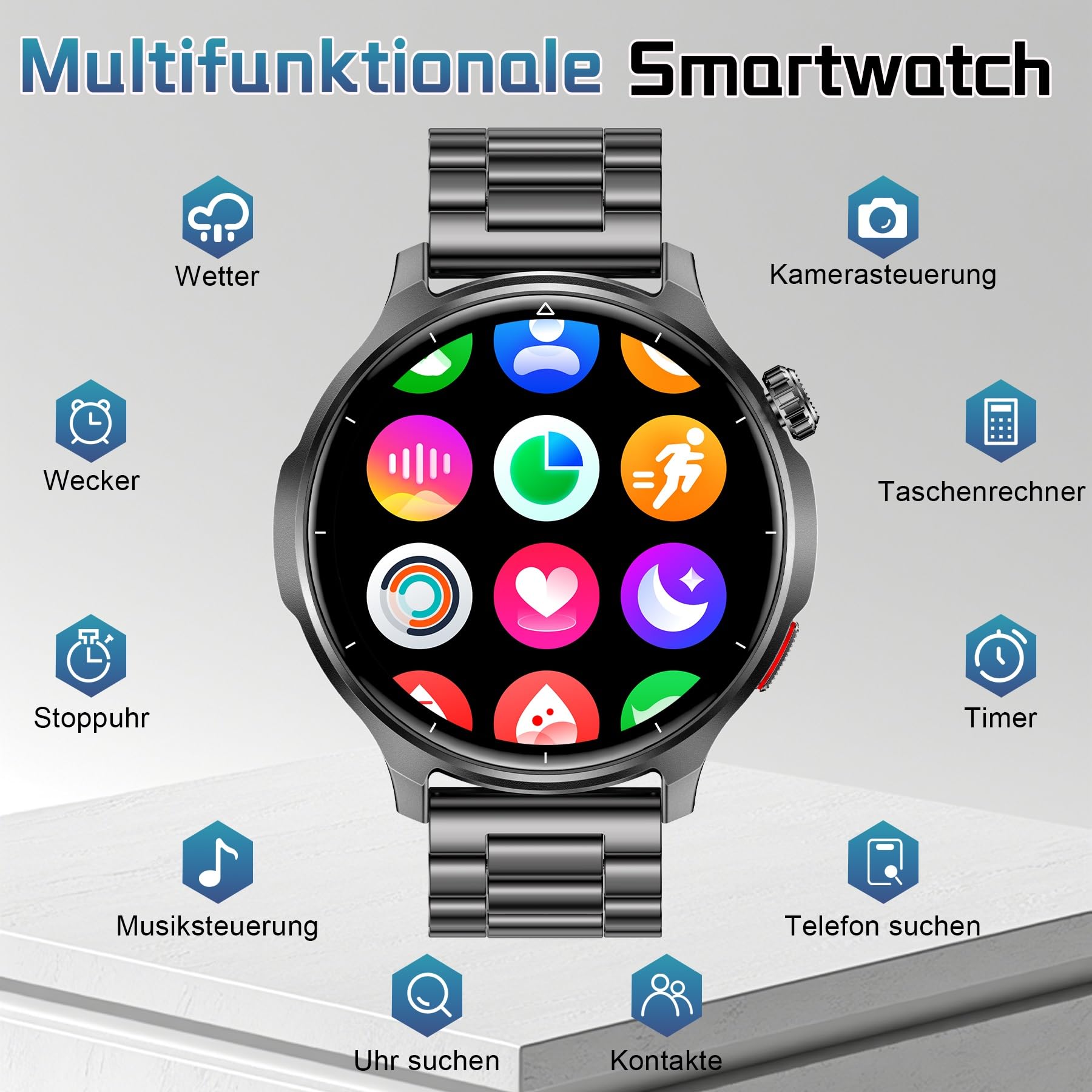 Smartwatch Herren, 1.52" HD 1000mmAh Militär Smart Watch mit Telefonfunktion, Fitnessuhr mit 100+ Sportmodi, Herzfrequenz Schrittzähler Schlafmonitor, IP68 Wasserdicht Sportuhr für Android iOS